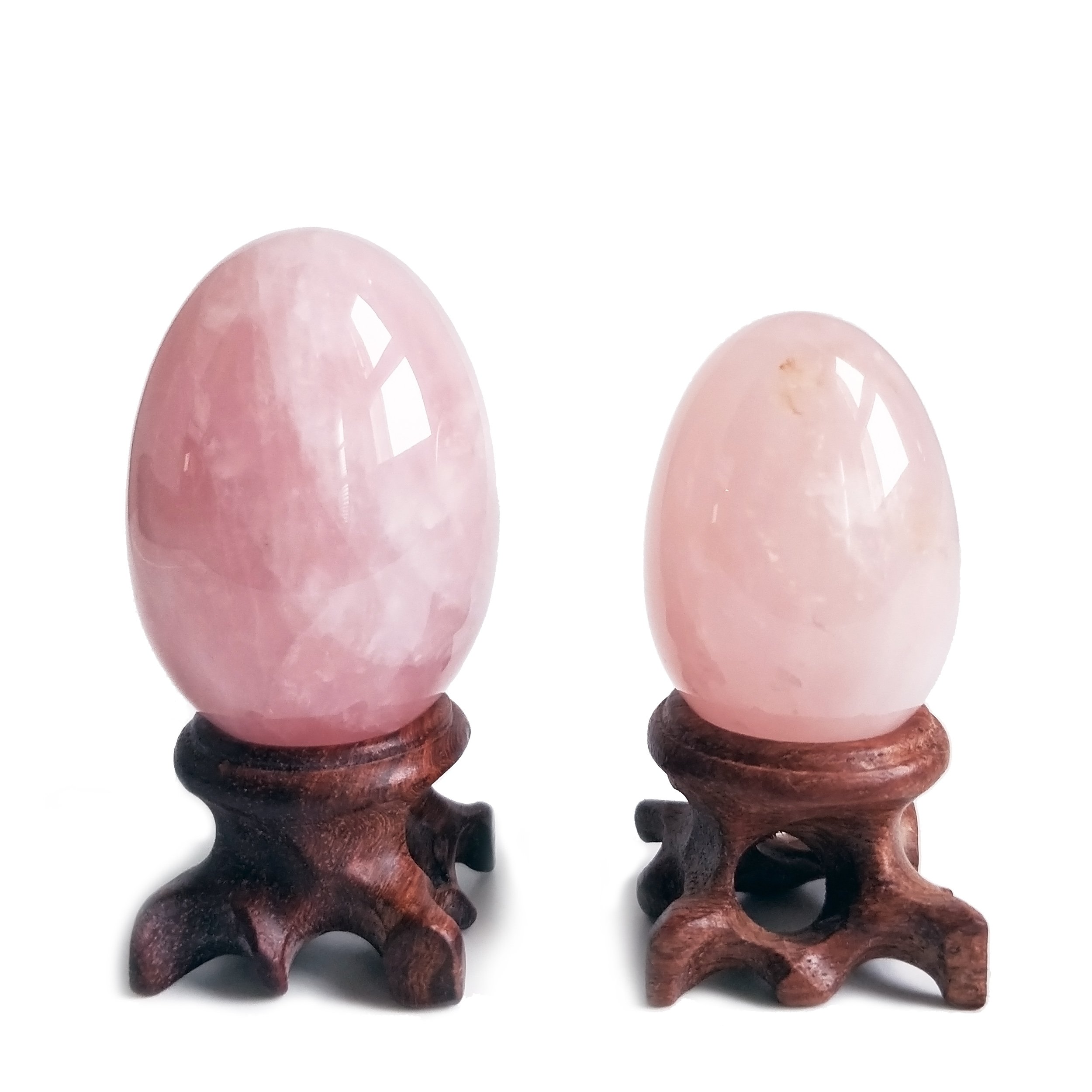 Polar Jade Set of 2 Rose Quartz Gemstone Egg Spheres with Wooden Stand - Natural Healing Stones for Meditation, Chakra Balancing, Stress Relief & Home Decor (L & M Sizes) - Perfect for Yoga Studios, Spiritual Gifts & Feng Shui Decorations