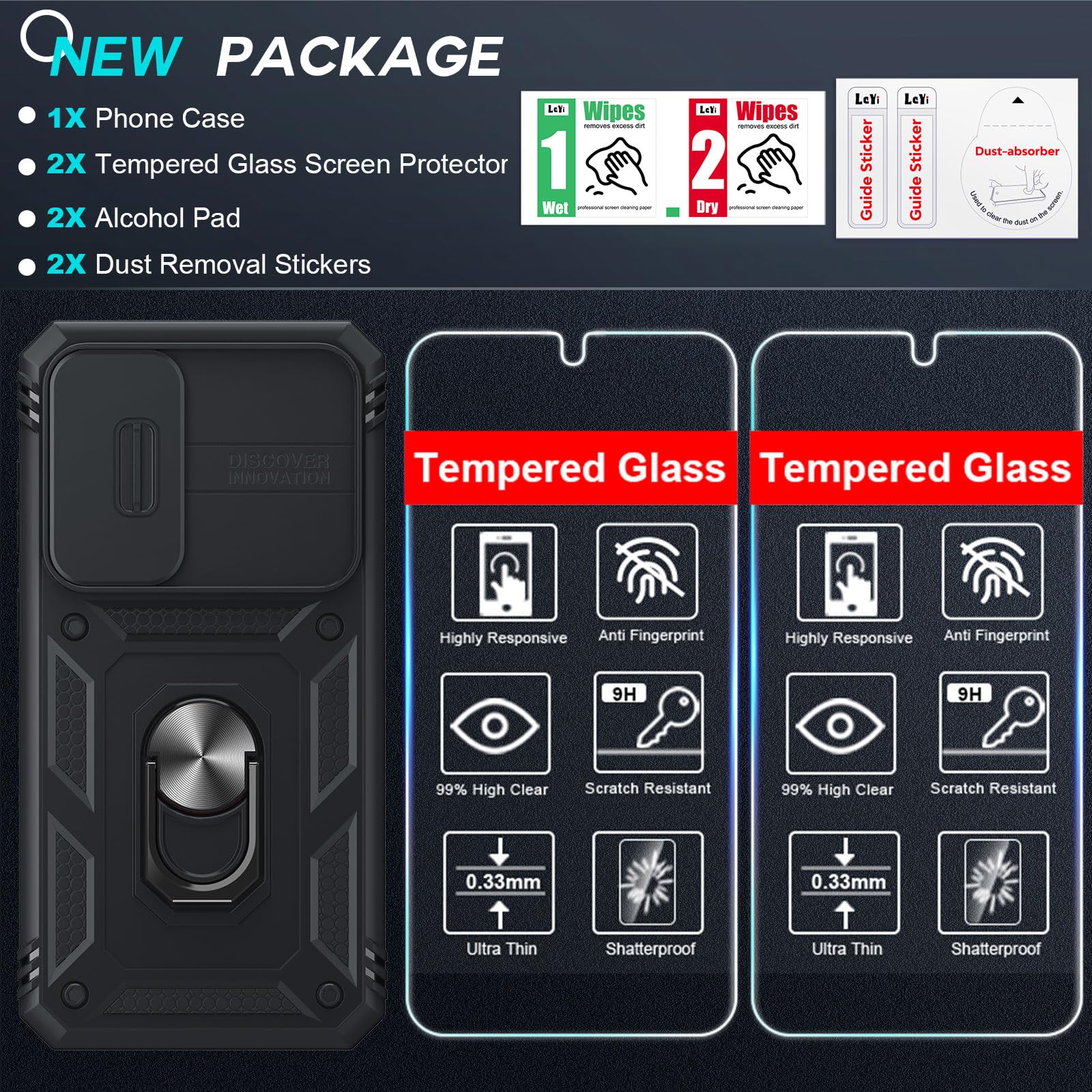 **Samsung Galaxy S24 5G Case with Camera Cover Slider – 360° Military-Grade Shockproof Protection | 2-Pack Tempered Glass Screen Protectors & Ring Stand Holder (Black) – Perfect for Outdoor Adventures & Daily Use**