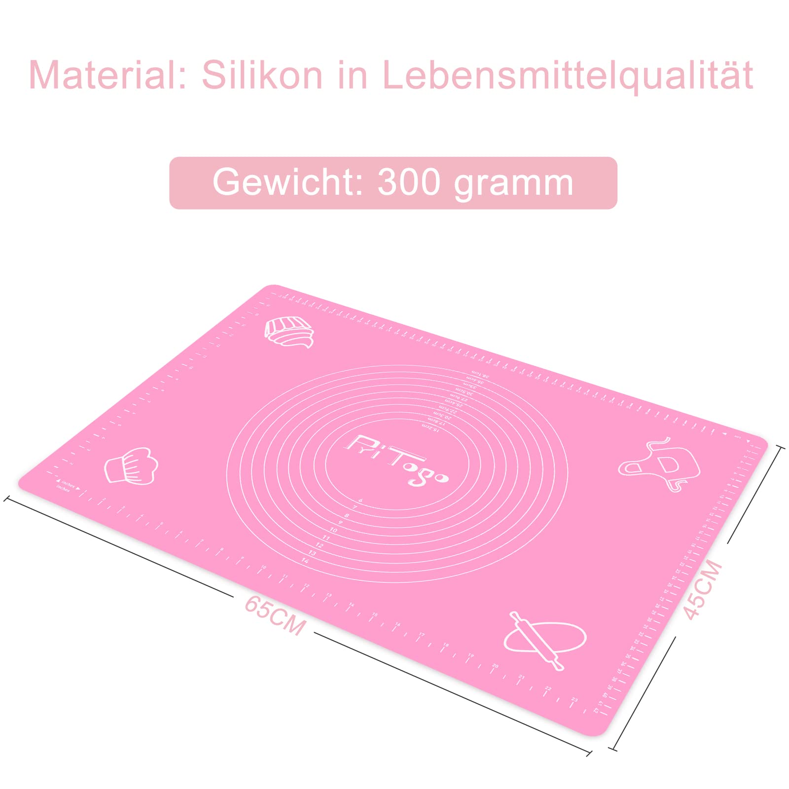 Pritogo Non-Stick Silicone Baking Mat with Measurement Scale (65 x 45 cm) - Extra Stable Non-Slip Dough Rolling Mat for Cookies, Pastry & Pizza Making - Perfect for Home Baking & Kitchen Use