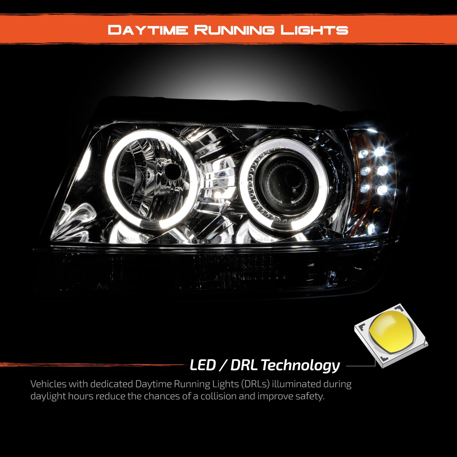 AKKON Chrome Clear Dual Halo Ring Projector LED Headlights for Jeep Grand Cherokee - Replacement Pair for Enhanced Night Driving & Off-Road Adventures