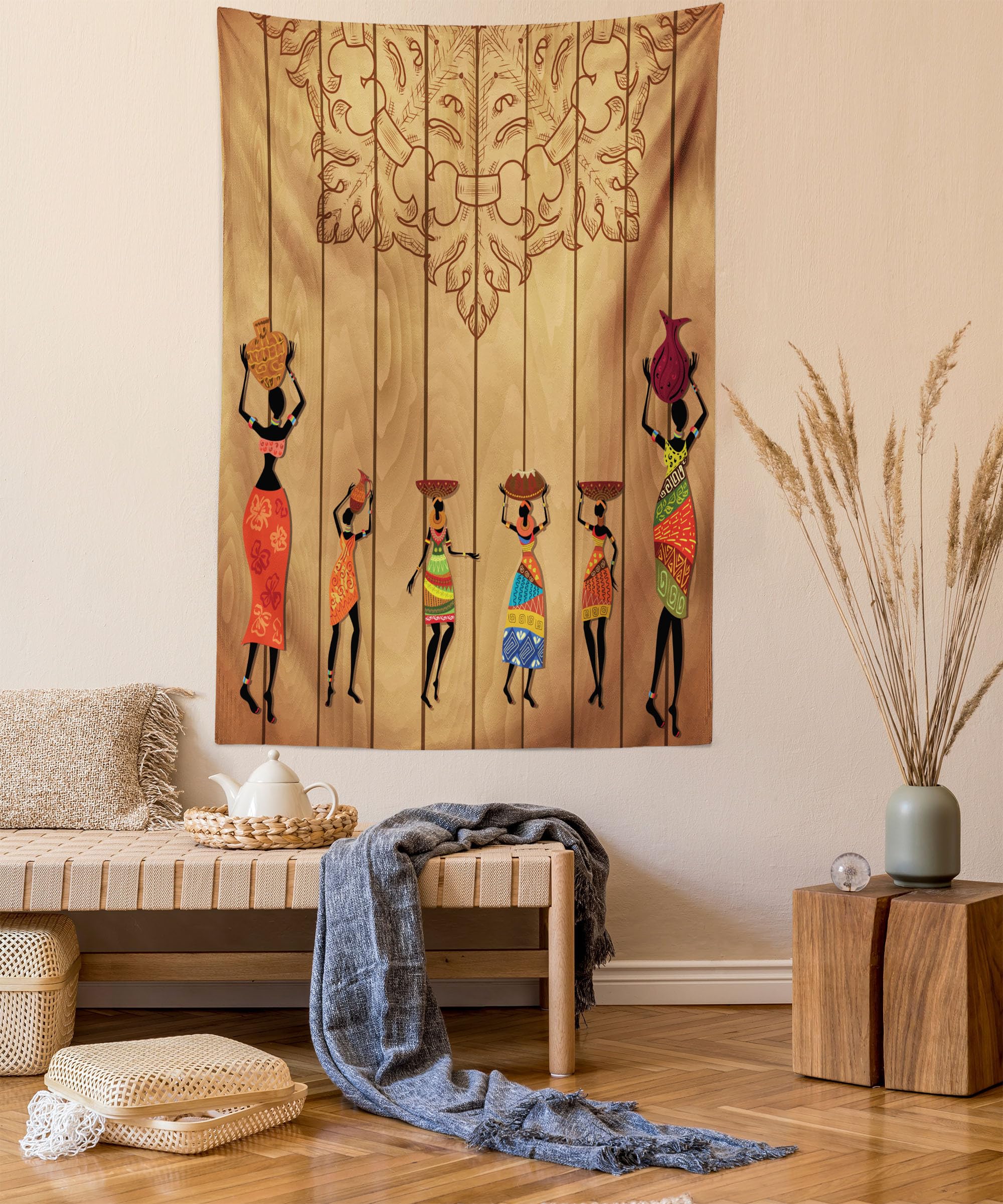 Ambesonne African Tapestry King Size - Traditional Tribal Lady Characters with Floral Lines Print on Rustic Background | 68x88 Inch Wall Hanging, Bedspread, Bed Cover for Bohemian & Ethnic Home Decor | Perfect for Bedroom, Living Room & Dorm Wall Art