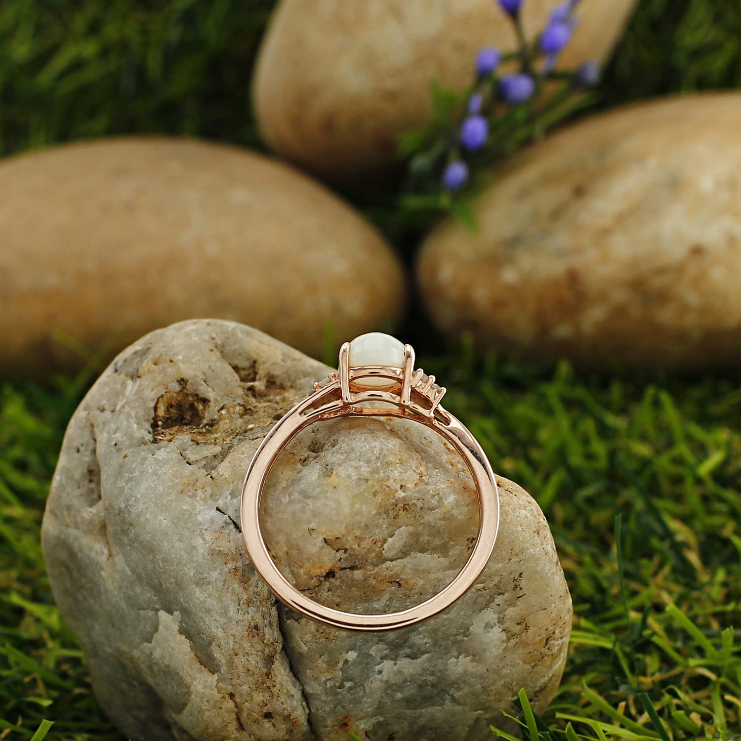 3/4 CT 6MM Round Natural White Opal & Diamond Solitaire Ring in 14K Gold Over Sterling Silver - Women's Engagement Promise Ring (0.75Cttw) - Perfect Valentine's Day Gift for Her, Anniversary or Romantic Occasion