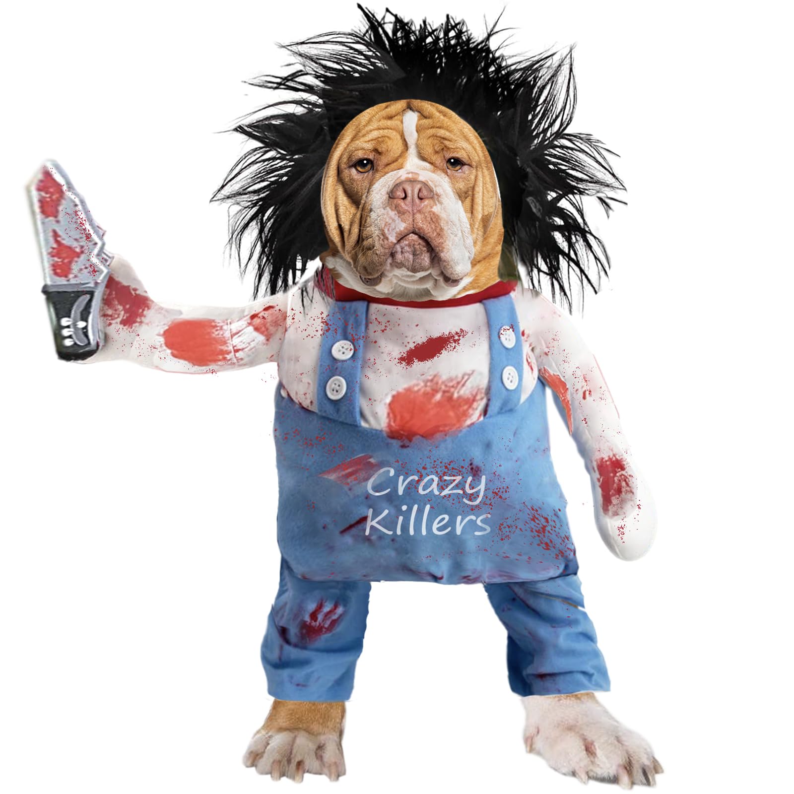 Scary Halloween Dog Costume - Killer Blood Knife & Funny Doll Wig for Small to Large Dogs | Pet Cosplay for Halloween Parties & Spooky Events