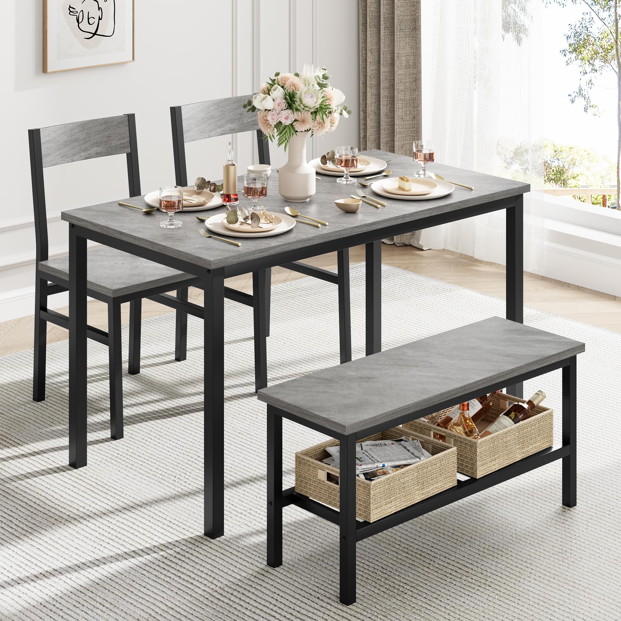 IDEALHOUSE 4-Piece Dining Table Set with 2 Chairs & Storage Bench - Space-Saving Kitchen Table for Small Apartments, Breakfast Nook & Compact Homes (Gray) | Perfect for Family Meals, Entertaining Guests & Cozy Dining Spaces