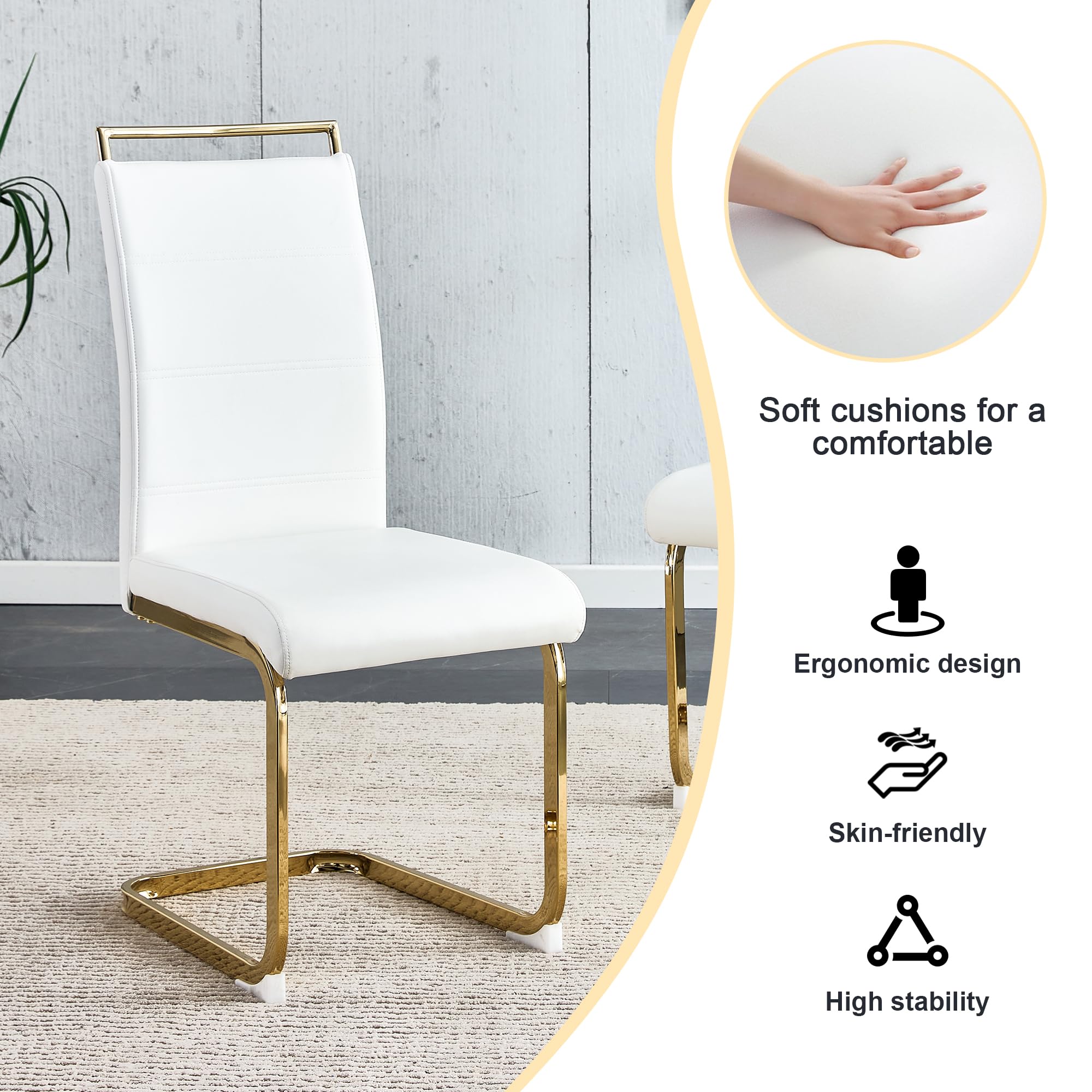 Modern Dining Chairs Set of 4 - PU Faux Leather High Back Upholstered Side Chairs with Horizontal Stripe Backrest - White with Gold Legs - Perfect for Kitchen, Dining Room & Living Room