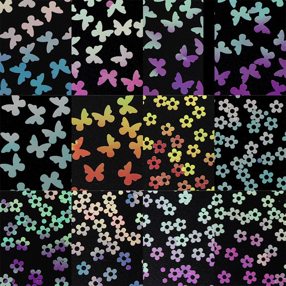 12 Grids Gradient Nail Glitter Sequins - 3D Cherry Blossom & Butterfly Nail Art Flakes for Professional Manicure | DIY Nail Decoration Accessories for Salon, Party & Special Occasions