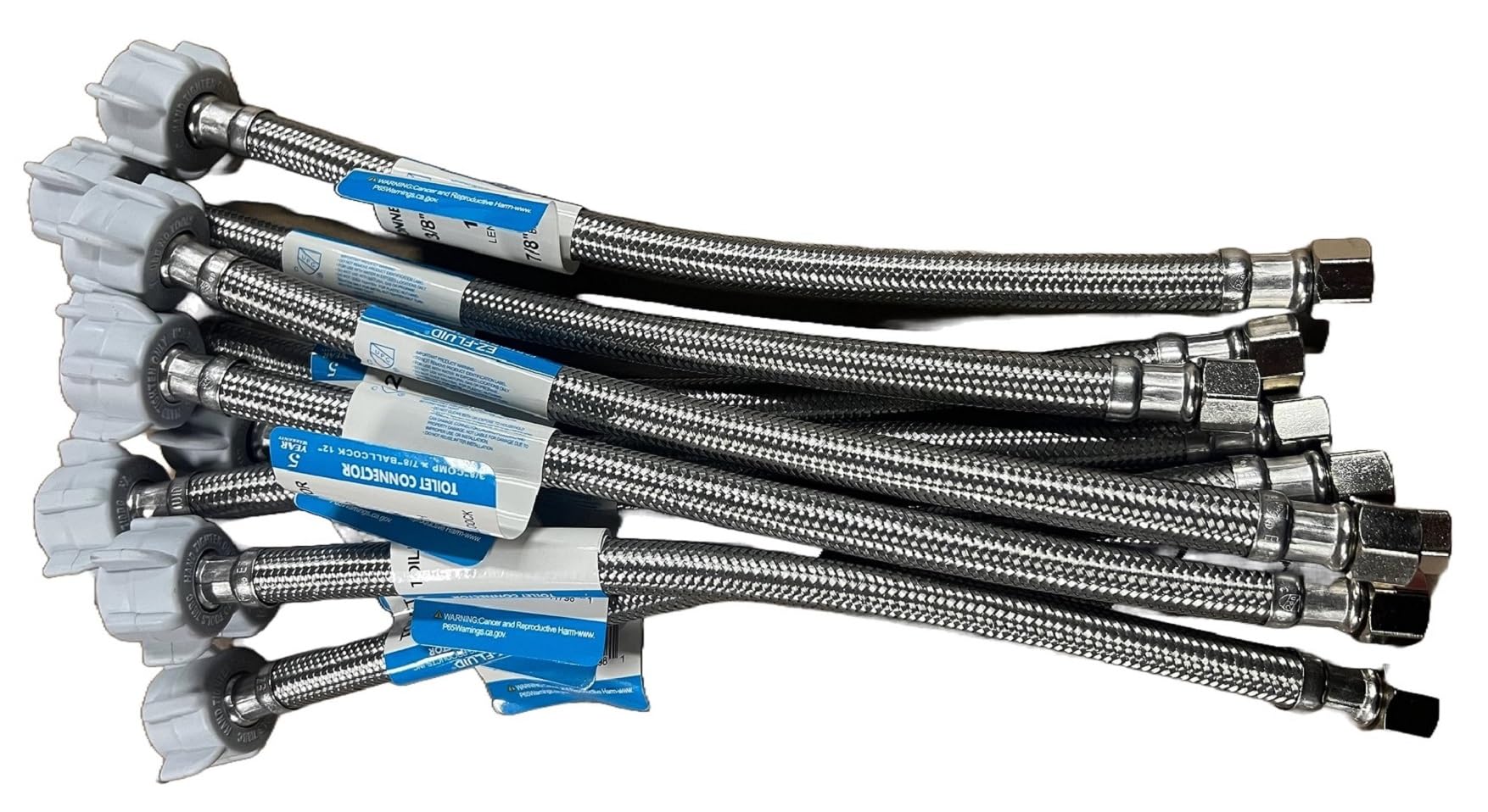 (10 Pack) EZ-Fluid 16 Inch Stainless Steel Braided Toilet Water Supply Line - 3/8