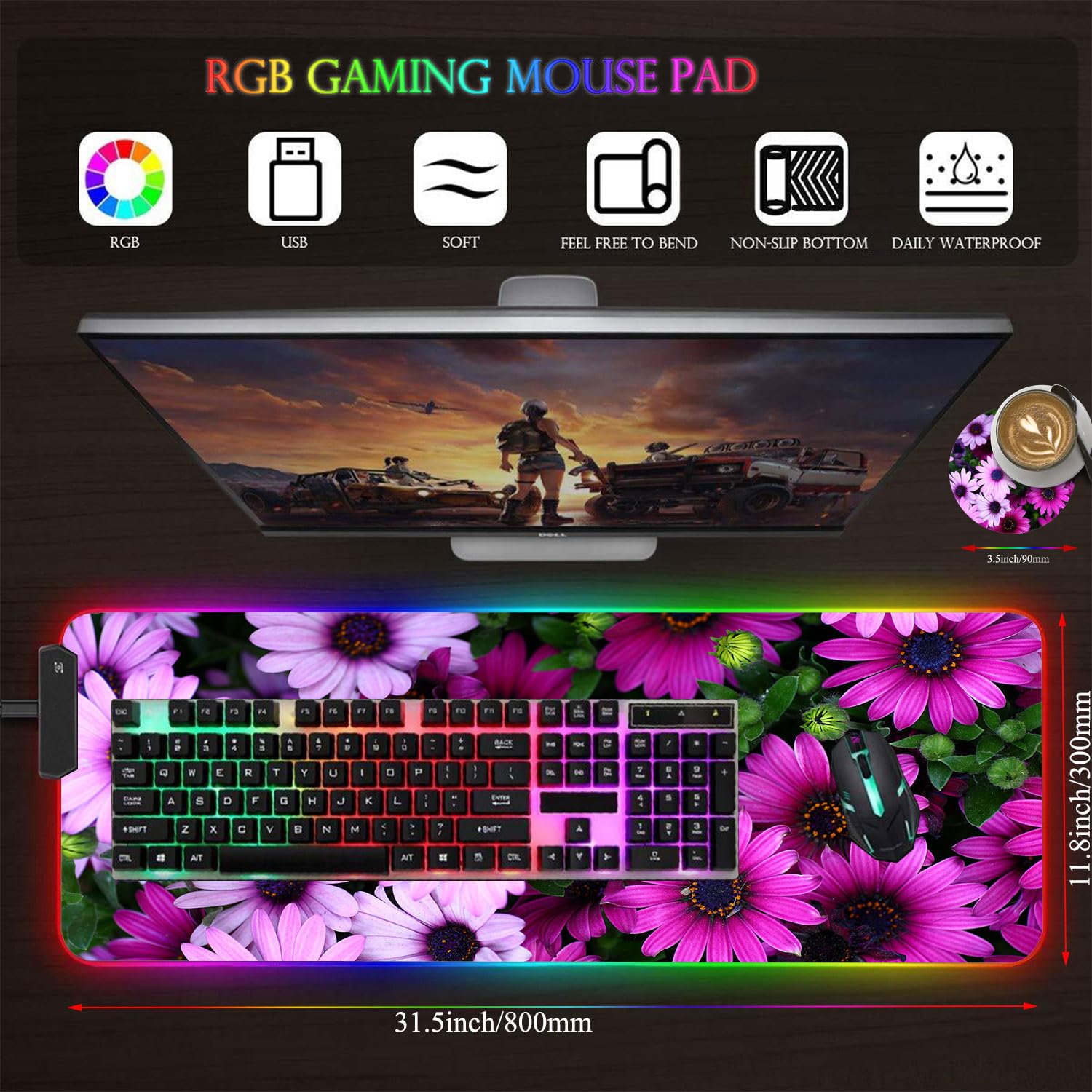 Custom RGB Gaming Mouse Pad & LED Coffee Coaster - 31.4x11.8 Inch Large Glowing Anti-Slip Desk Mat with Rubber Base for Computer Keyboard - African Daisy Design - Perfect for Gaming Setups & Office Workstations