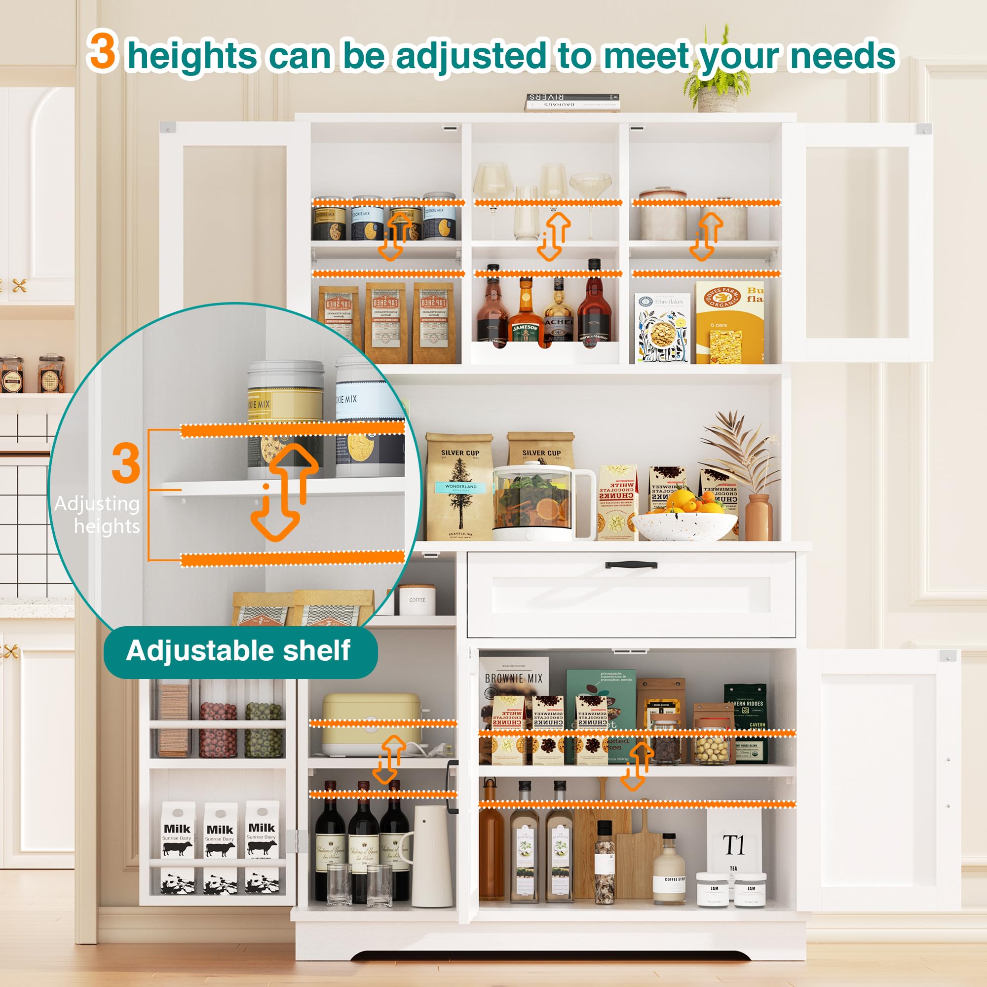 Modern White Tall Kitchen Pantry Cabinet with Hutch & Microwave Stand - Glass Door Storage for Coffee Bar, Dining Room - Perfect for Small Spaces & Kitchen Organization
