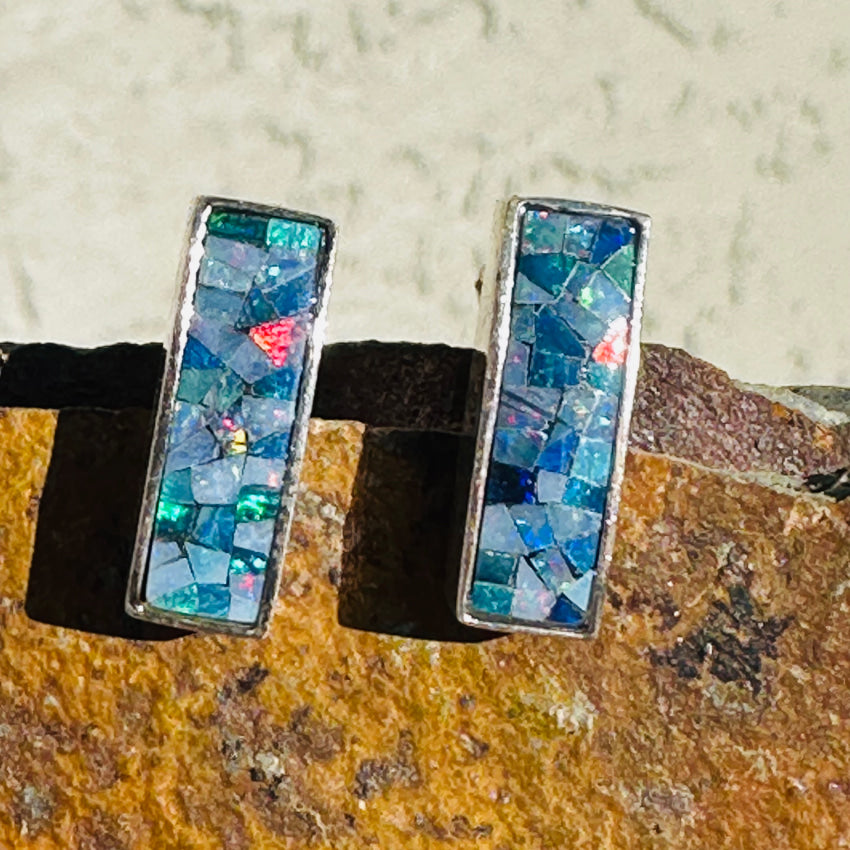 Sterling Silver Pierced Post Bar Earrings with Opal Chip Mosaic - Elegant Dainty Jewelry for Women, Perfect for Everyday Wear, Parties & Special Occasions
