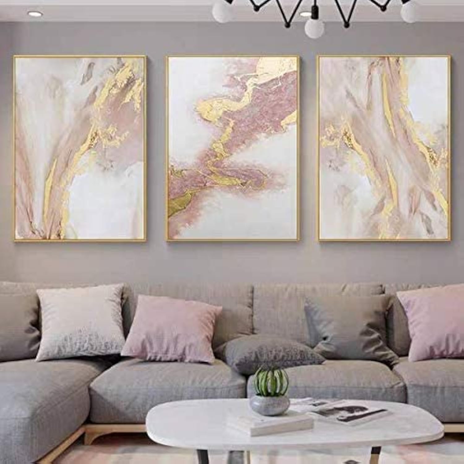 Large Pink Abstract Canvas Wall Art - Gold Framed Modern Oil Painting - 3 Piece Set for Living Room & Bedroom Decor - Ready to Hang 72x36 Inches - Perfect for Home, Office & Gallery Wall Displays