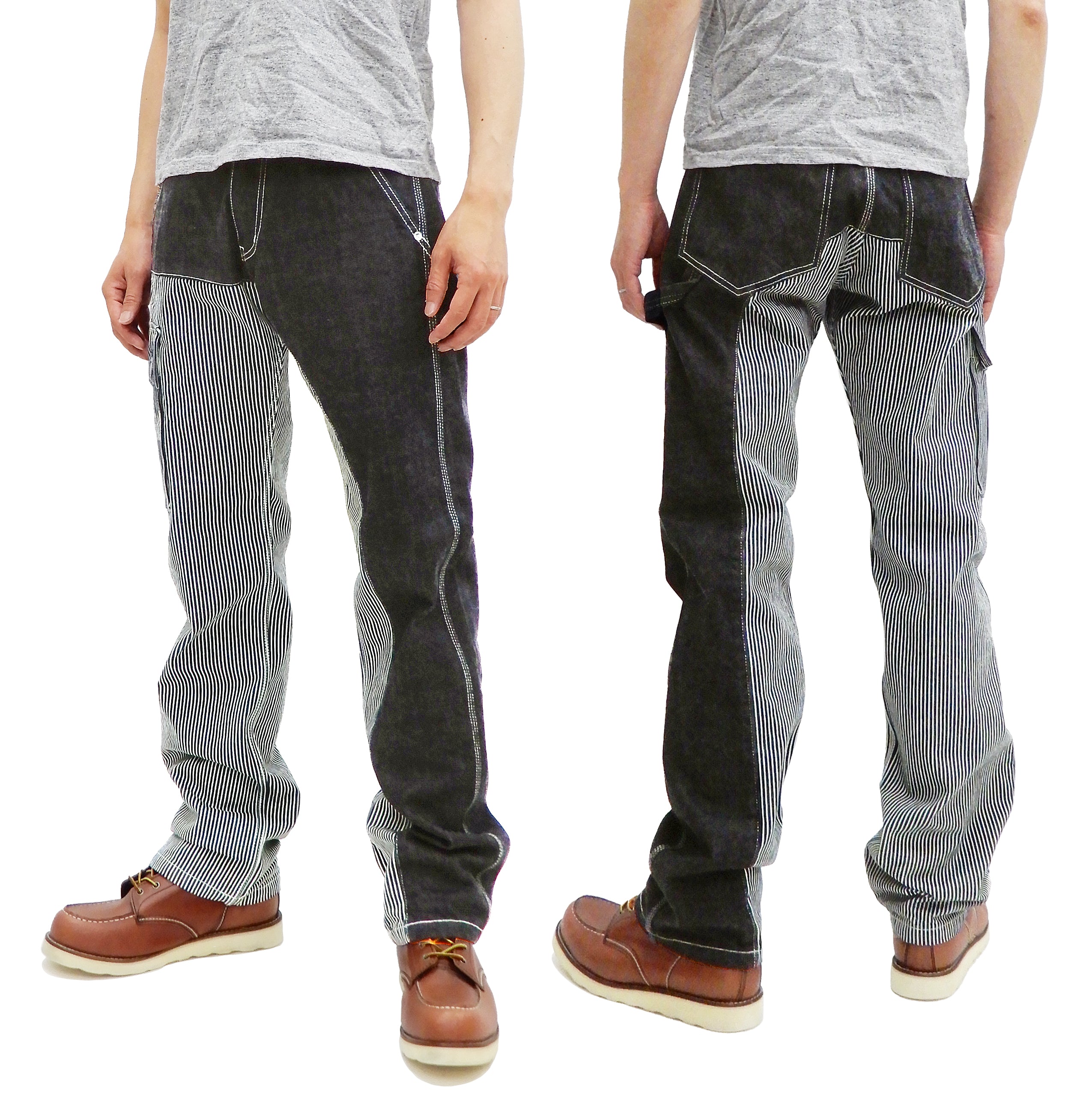 Kojima Genes Two-Tone Panel Pants for Men - Denim & Hickory Asymmetrical Contrast Work Pants RNB1117 | Durable & Stylish for Casual Wear, Work & Street Fashion
