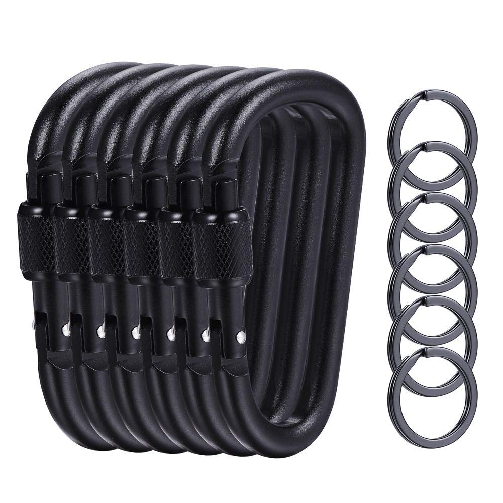 6 Pack Heavy Duty Black Locking Carabiners - 3.1 Inch D-Ring Keychain Clips for Outdoor Activities, Camping Gear, Hiking Equipment, Fishing Accessories & Travel Essentials - Includes 6 Key Rings - Perfect for Backpacks, Dog Leashes, Gym Bags and Tool Organization