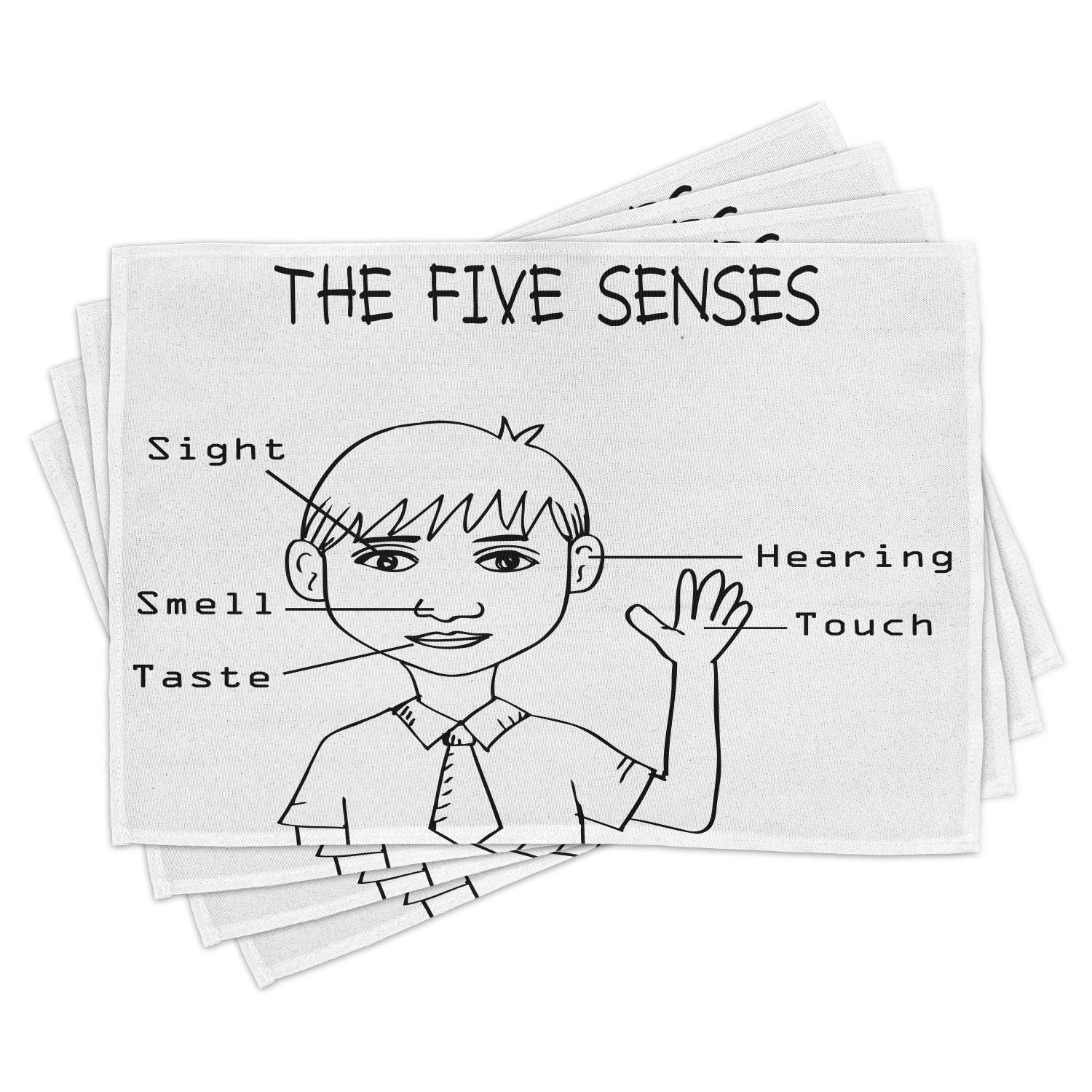 Ambesonne 4-Pack Science-Themed Placemats - 5 Senses Monochrome Sketch Design, Washable Fabric Table Mats for Dining Room, Kitchen & Office (Standard Size, Black & White) - Perfect for Science Lovers, Teachers & Nerdy Home Decor