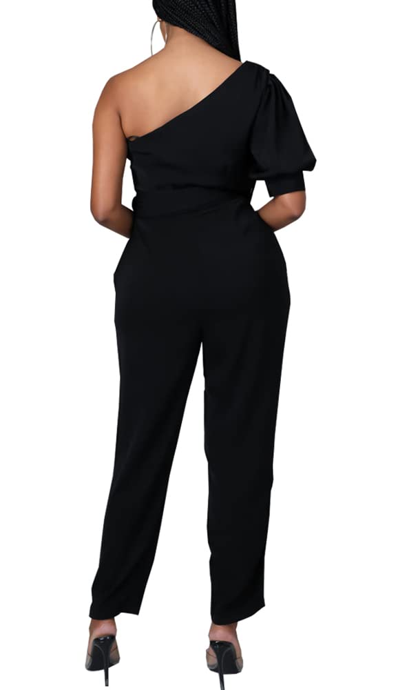 JTNFairy Women's Summer One Shoulder Stretchy Jumpsuit - High Waist Wrap Romper with Pockets | Casual Dressy Outfit for Beach Vacation, Date Night & Party Wear