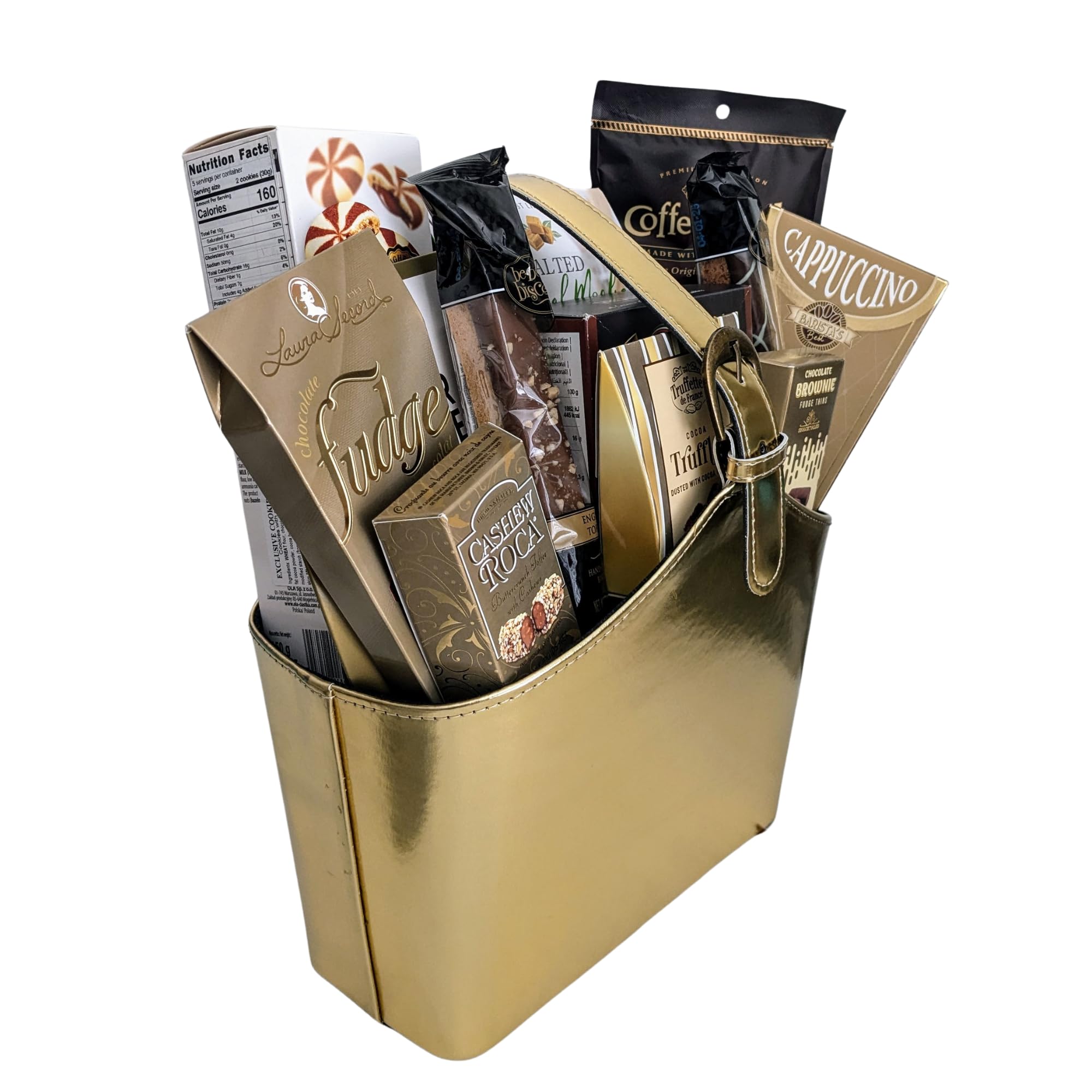 Premium Chocolate & Gourmet Cookie Gift Basket in Elegant Gold Faux Leather Tote - Luxury Corporate Gifts, Thank You Presents, Holiday Gift Box for Christmas, Thanksgiving, Birthdays & Special Occasions - Perfect for Office Celebrations, Client Appreciation & Holiday Parties