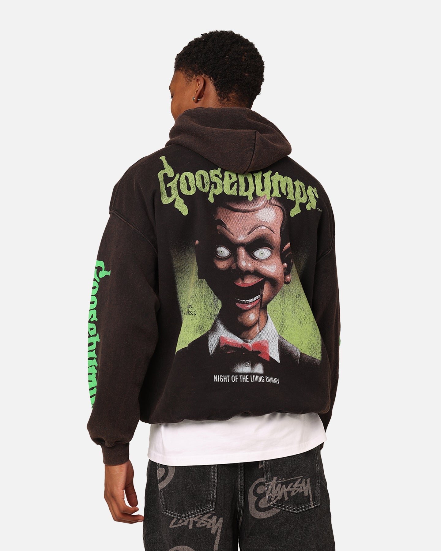 American Thrift X Goosebumps Living Dummy Hoodie - Washed Charcoal Vintage Pullover | Horror Movie Merchandise for Halloween & Streetwear Fashion