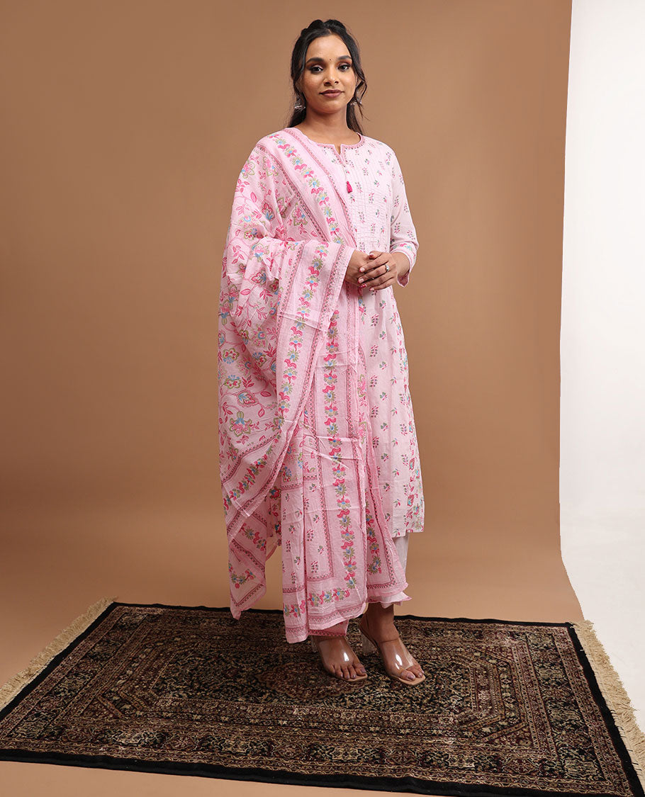 Baby Pink Floral Design Round Neck 3/4 Sleeve Below Knee Length Top with Straight Pants & Floral Printed Dupatta - Elegant Ethnic Outfit for Women's Parties, Weddings & Festive Occasions