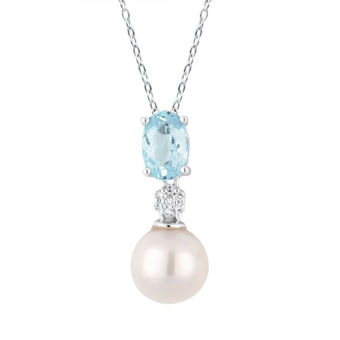 9ct White Gold Pearl & Blue Topaz Pendant with Diamonds - Elegant Jewelry Gift for Women, Perfect for Weddings, Anniversaries & Special Occasions