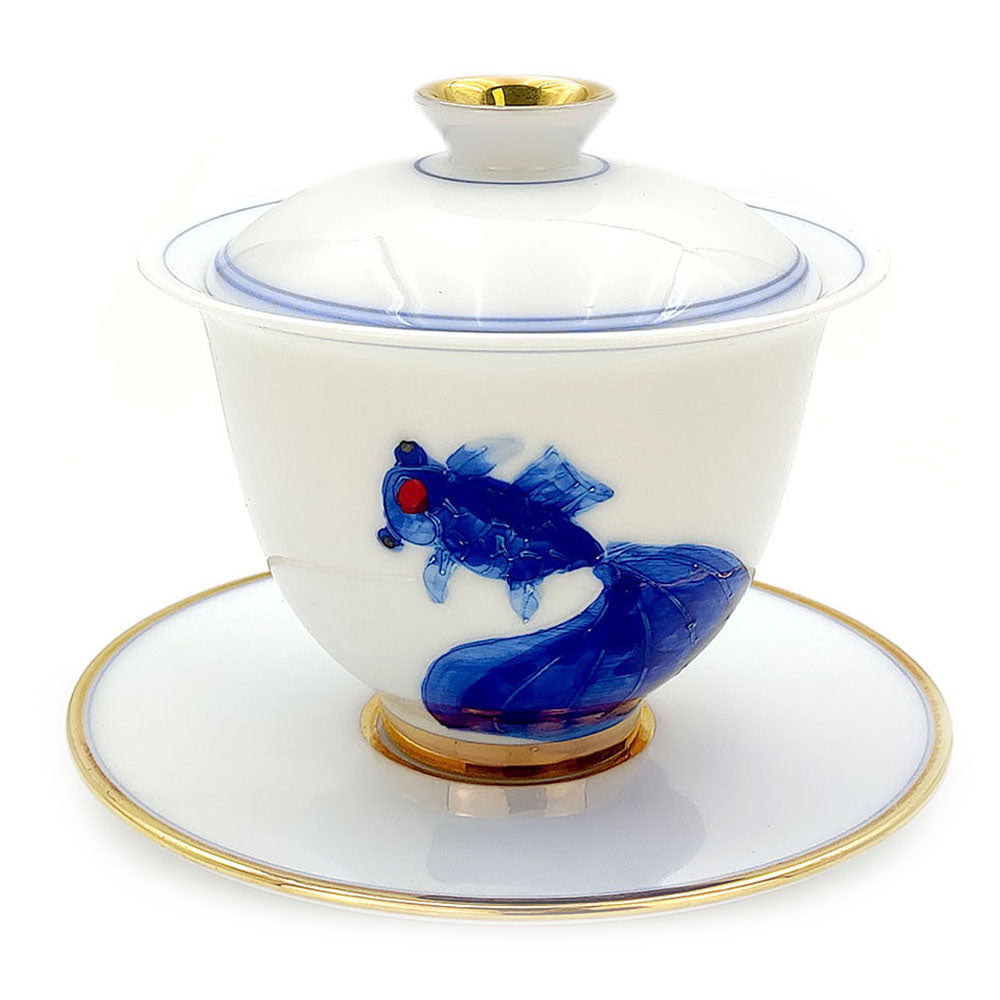 Premium Suet Jade Porcelain Blue and White Goldfish Gaiwan - Traditional Chinese Tea Set for Gongfu Tea Ceremony, Perfect for Home Brewing and Gift Giving