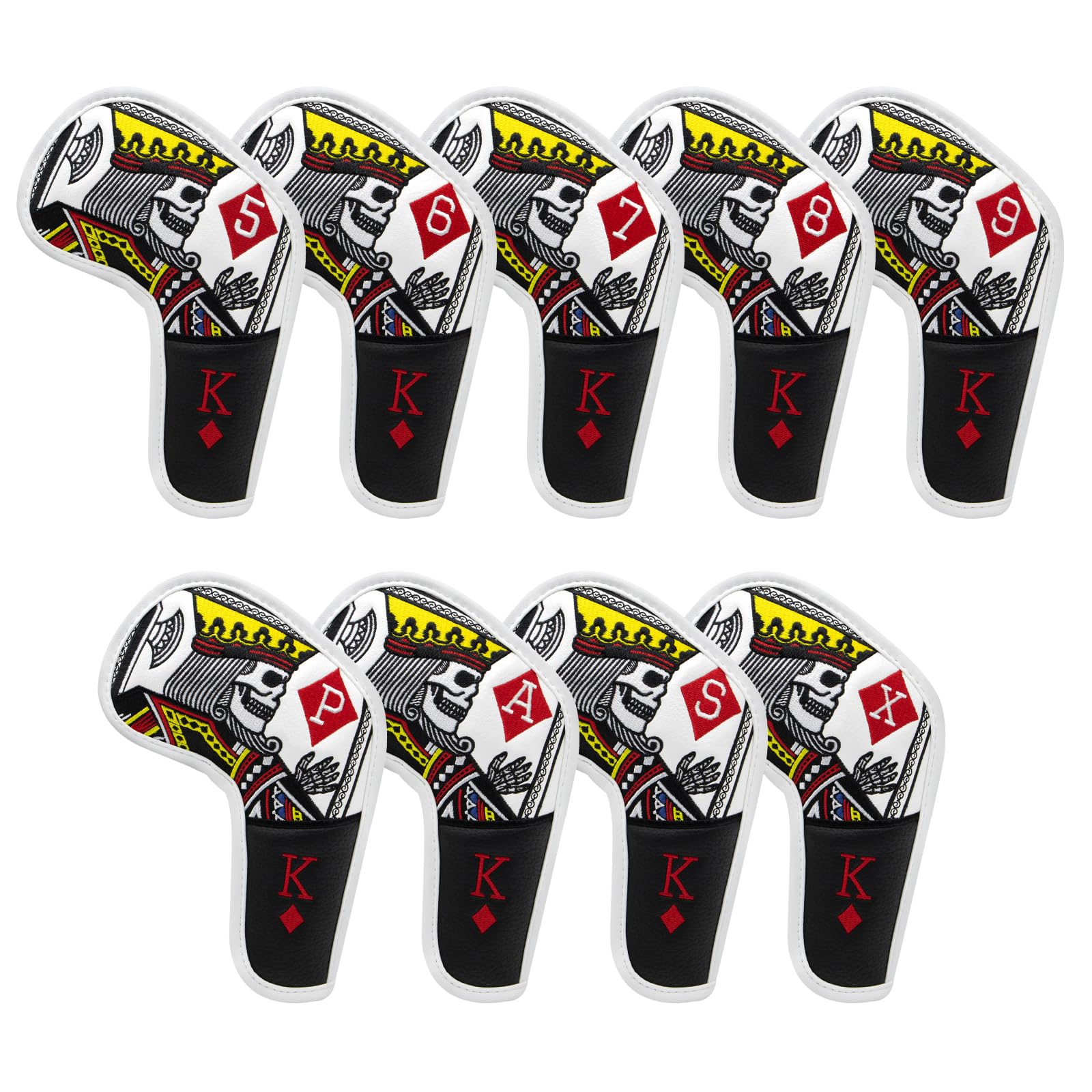 BAIRBRE Premium Leather Golf Iron Head Covers Set of 9 - Poker Diamond King Design with Magic Tape for Titleist, Callaway, Ping, Taylormade 5-9 APSX - Protect Your Clubs During Play & Travel
