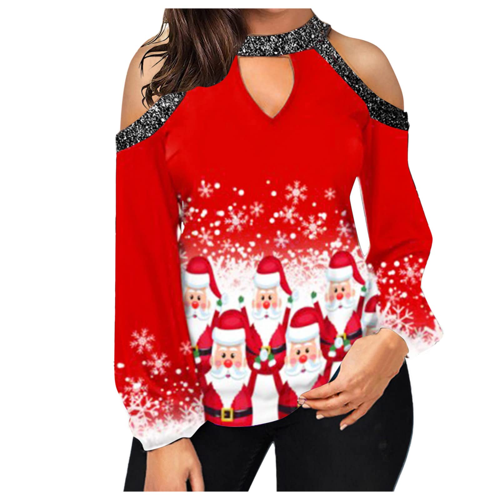 Women's Long Sleeve Halter Neck Graphic Tee - Snowflake Printed Christmas Pullover Top - Casual Winter Holiday Blouse for Party, Gift & Seasonal Outfits (White)