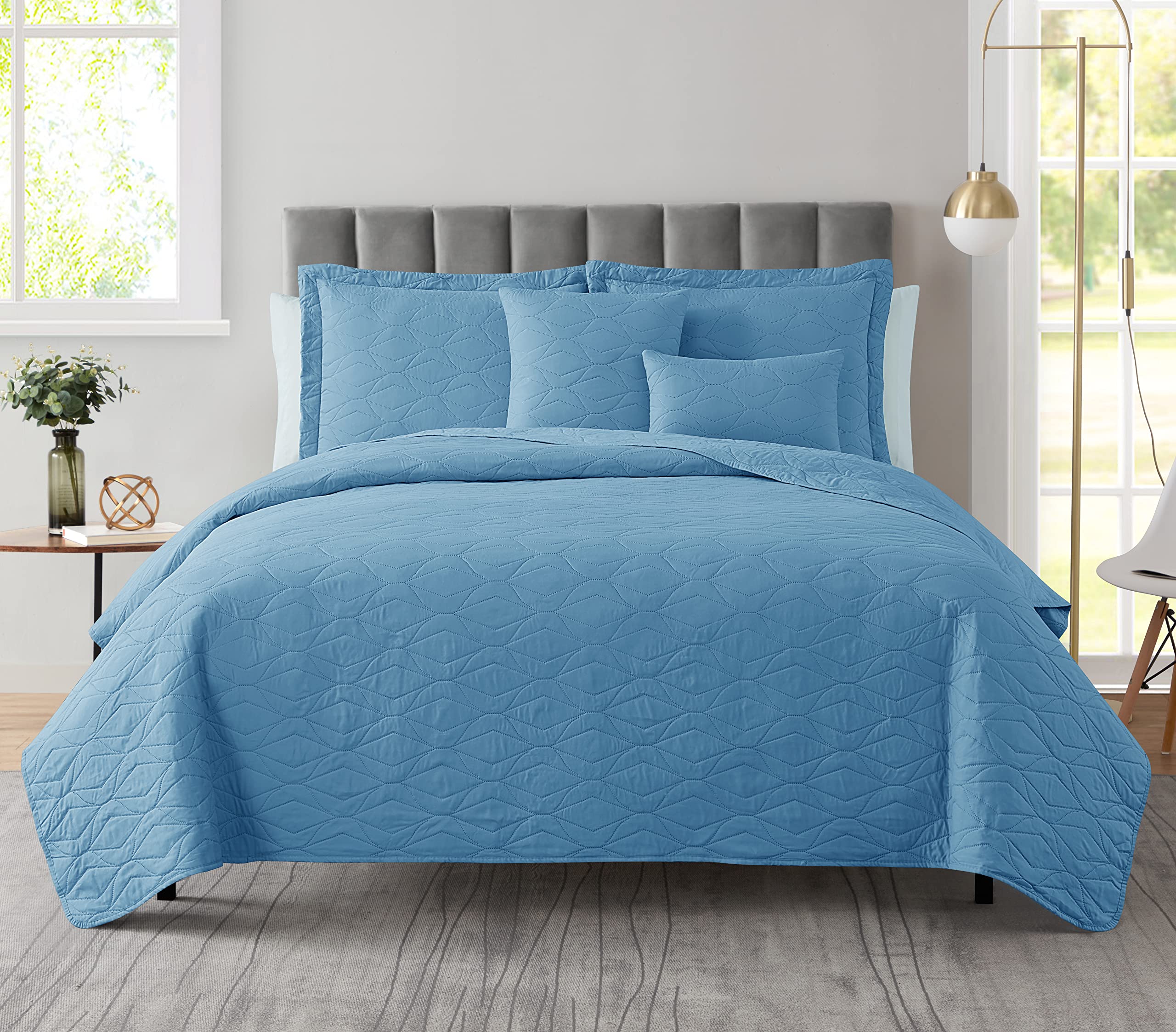Clara Clark Queen Size Quilt Set - 5-Piece All Season Lightweight Bedspread Coverlet with Pillow Shams, Pinsonic Weave Comfortable Bedding in Blue Heaven - Perfect for Master Bedroom, Guest Room & Cozy Home Decor
