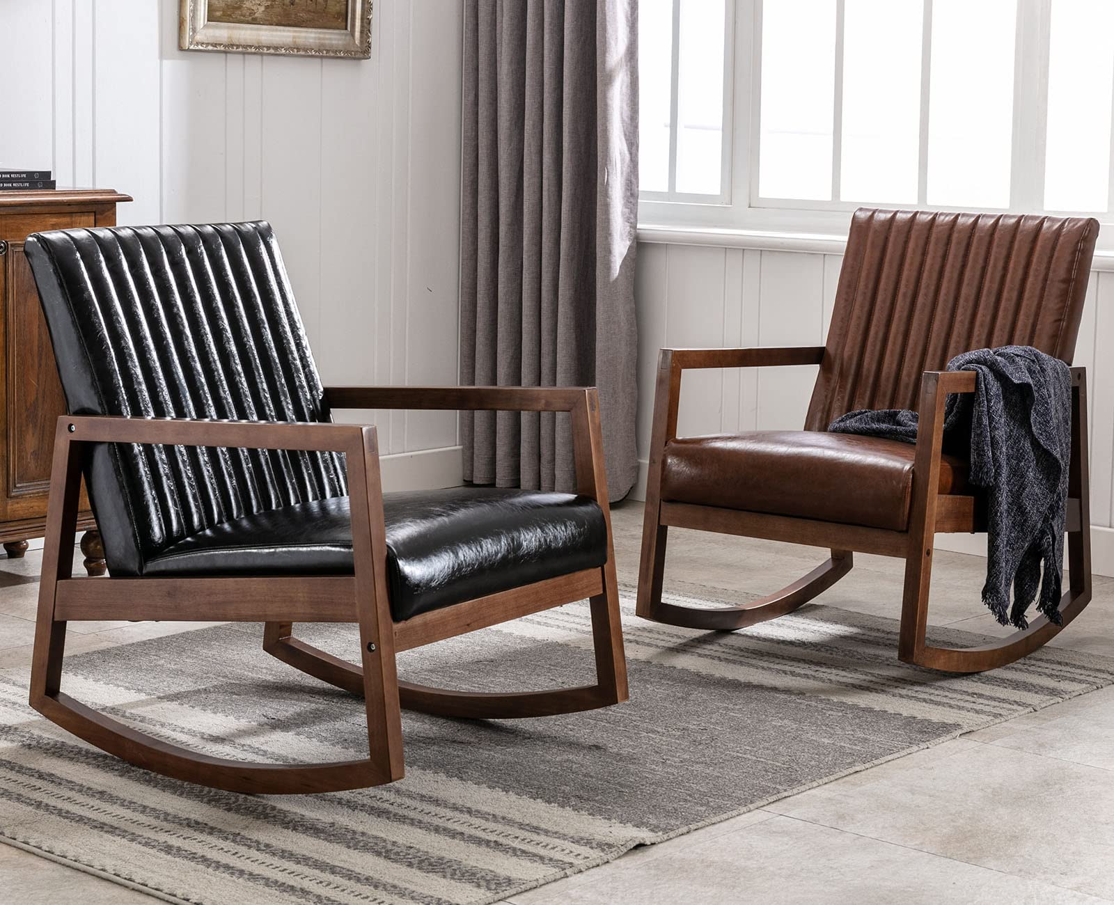 VESCASA Mid-Century Modern Upholstered Rocking Chair - Channel-Tufted Back, Oil Wax PU Leather & Black Walnut Wood Frame - Comfortable Nursery, Living Room, Bedroom Rocker (Black) | Perfect for Nursing, Relaxing & Home Decor