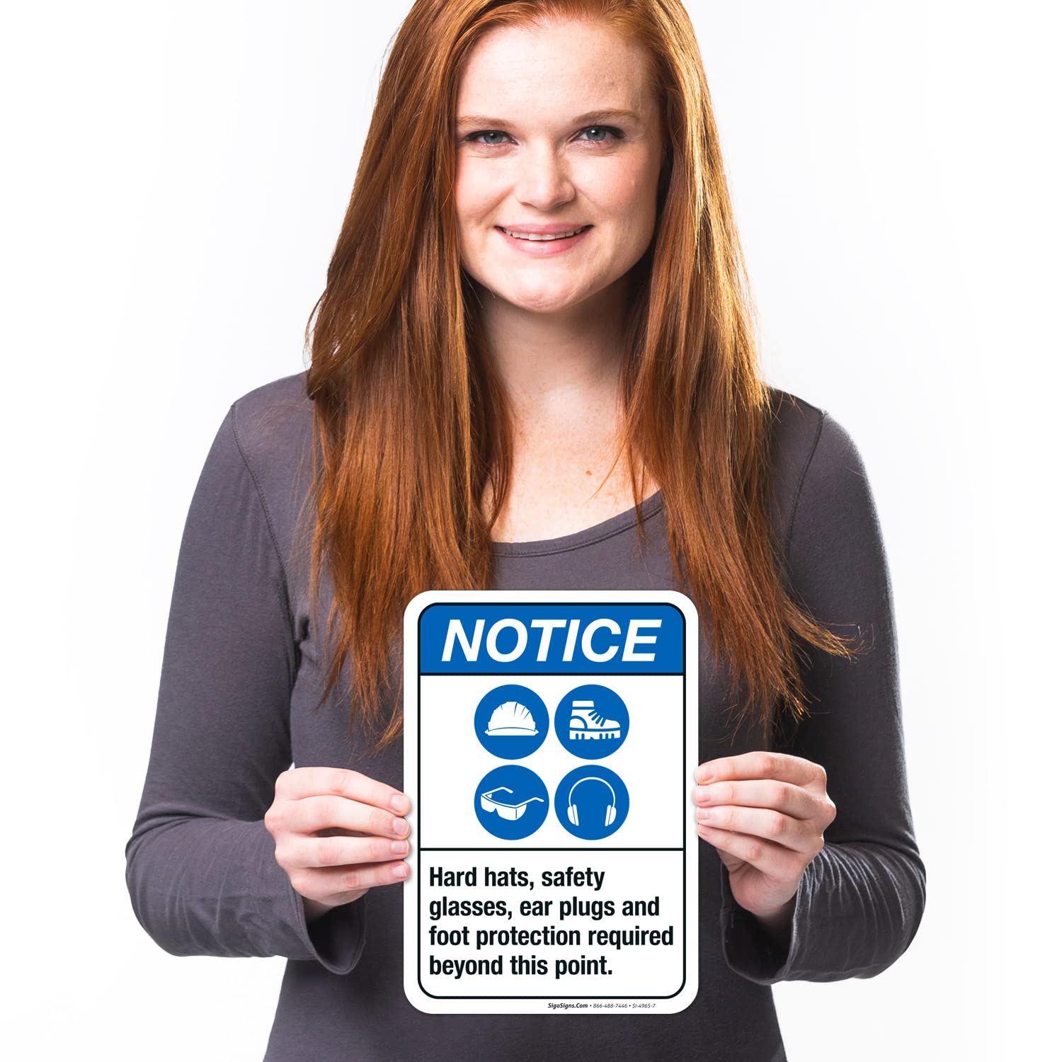ANSI Safety Sign - Hard Hats, Safety Glasses, Ear Plugs & Foot Protection Required - 10x7 Inch Vinyl Decal Sticker - Weatherproof & UV Resistant - Made in USA - Perfect for Construction Sites, Warehouses & Industrial Workplaces