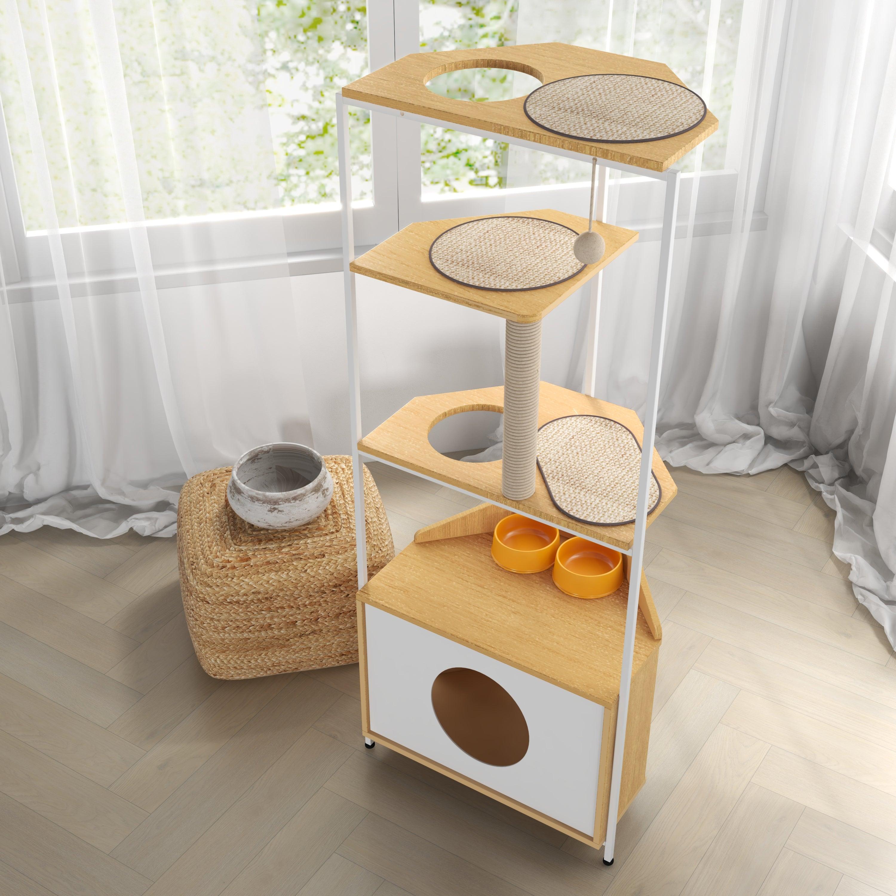 Premium Cat Tree with Scratching Post & Climbing Platforms - Multi-Level Cat Condo with Feeding Station - Sturdy Corner Cat Tower for Indoor Cats - Perfect for Play, Rest & Feeding in Small Spaces