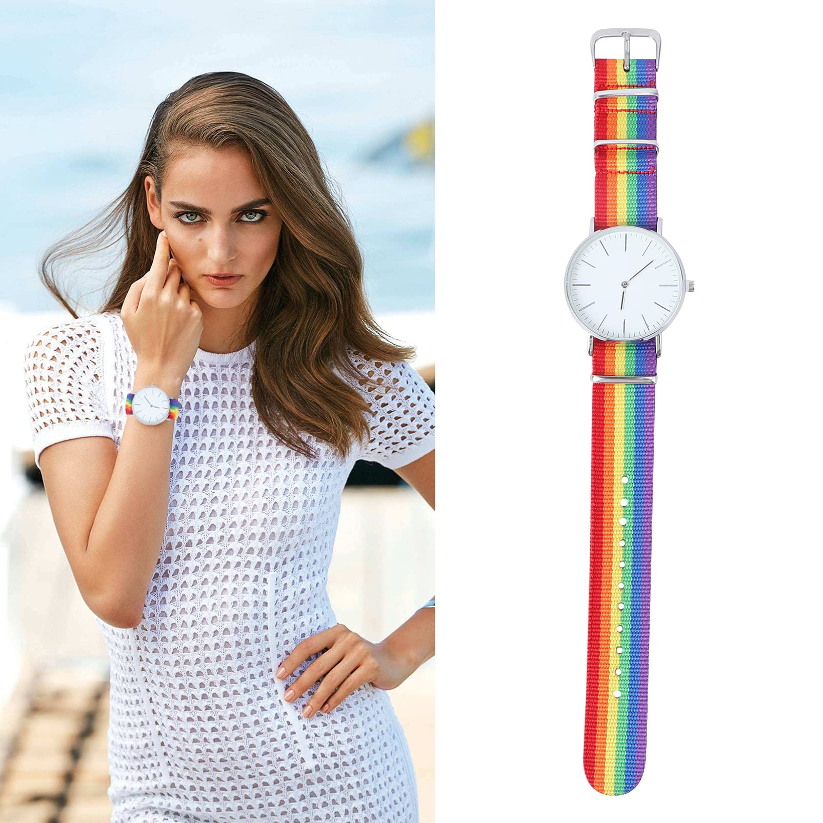 Stylish Women's Rainbow Nylon Band Quartz Wristwatch - Fashionable Waterproof Watch for Everyday Wear, Office & Outdoor Activities