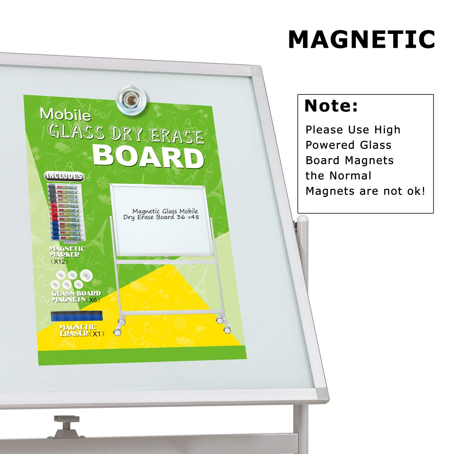 Magnetic Double-Sided Glass Whiteboard with Wheels - 48