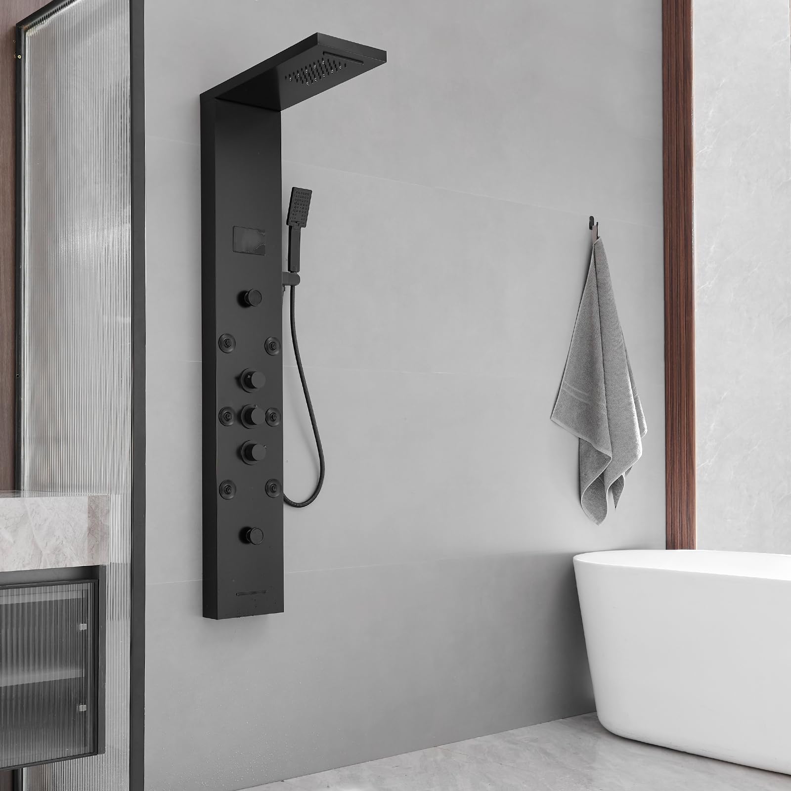 Black LED Shower Panel with Temperature Display - 304 Stainless Steel Shower Tower System, Rainfall Shower Head & Handheld Massage Jets for Modern Bathroom | Perfect for Spa-Like Experience, Wall Mount Waterfall Design for Bathtub or Standing Shower