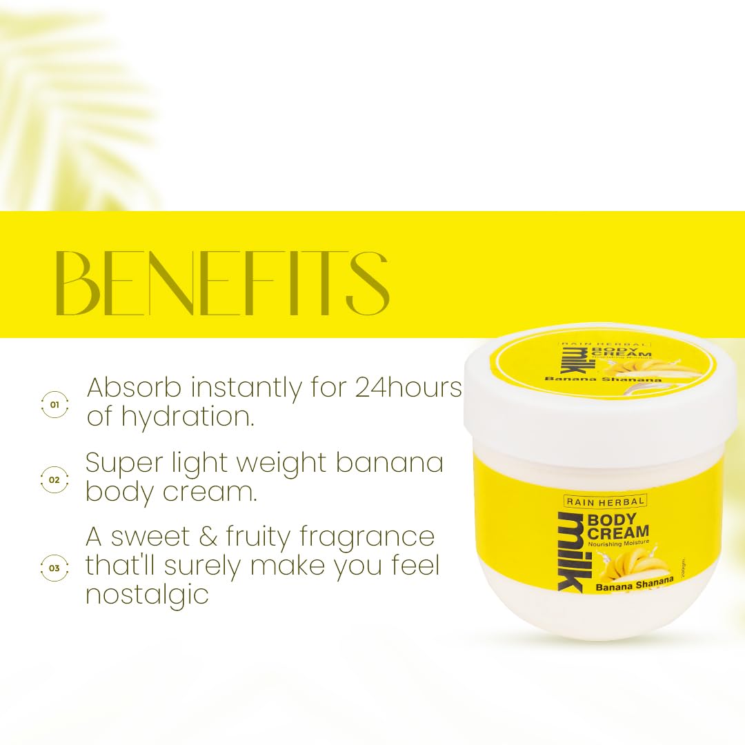 RAIN HERBAL Banana Shanana Body Cream - Deep Hydration & Skin Softening for Rough Skin | All Skin Types | Free from Harmful Chemicals, Silicones, Mineral Oil & Dyes | 200g | Perfect for Dry Skin Care & Daily Moisturizing Routine