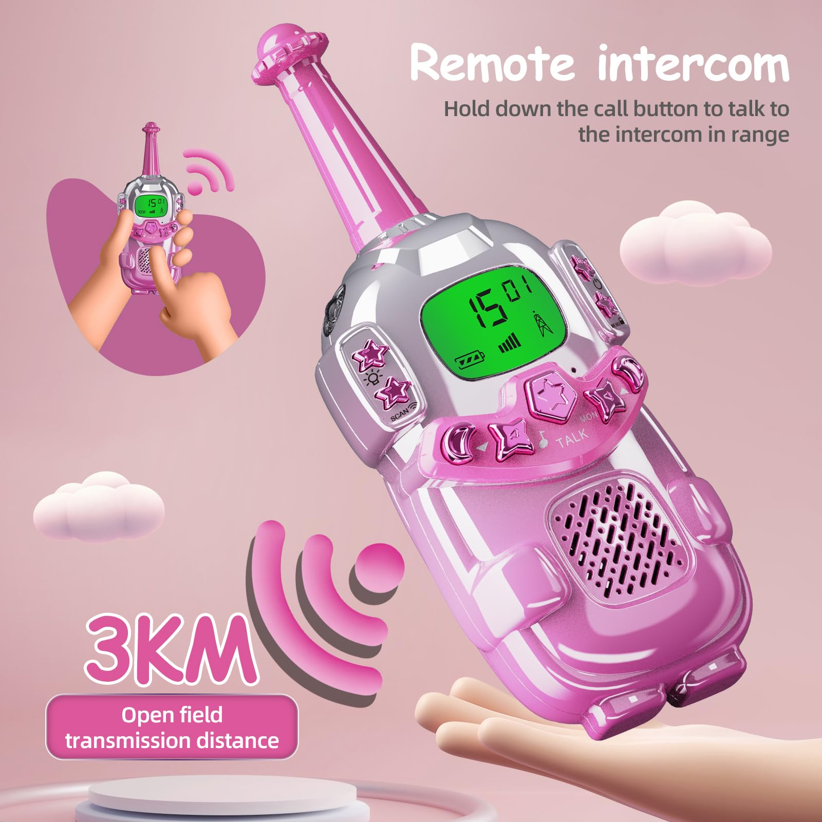 Mini Robot Walkie Talkies for Kids 2 Pack - Kids Walkie Talkies with LCD Backlit Screen & Flashlight, 3KM Long Range - Perfect Birthday Christmas Gift for Boys Girls Age 3-12 - Ideal for Camping, Hiking, Outdoor Adventures & Indoor Play (Pink)