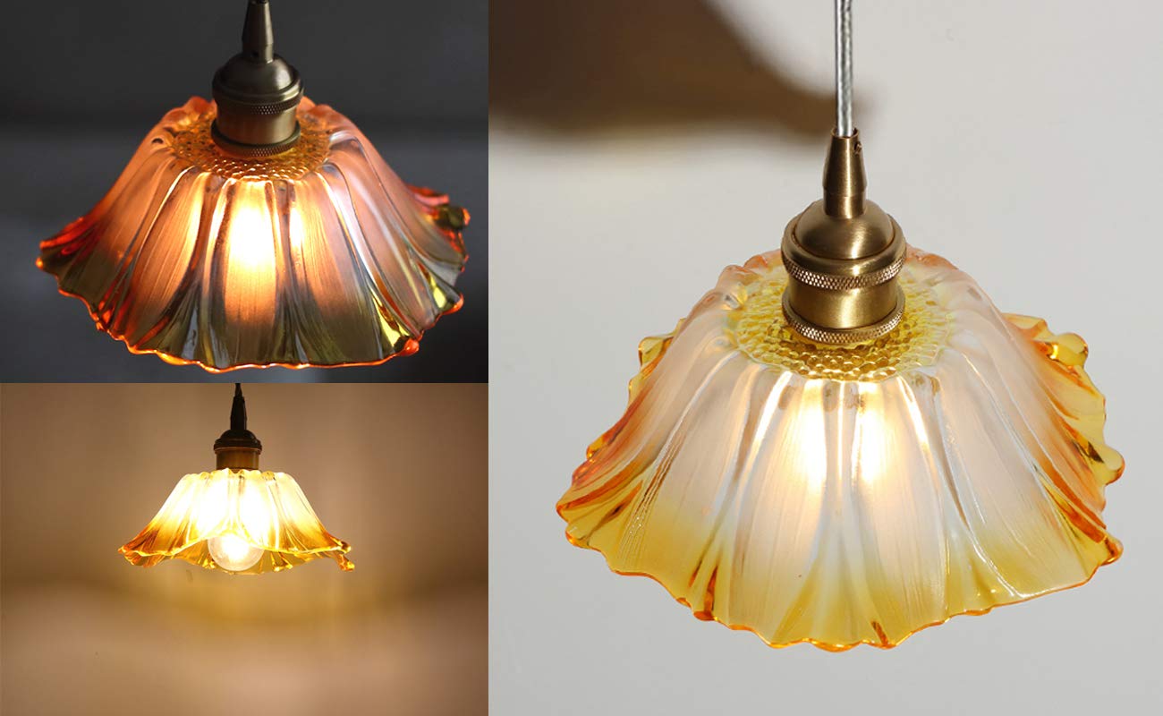 Lotus Shaped Yellow Glass Plug-in Pendant Light with 15ft Dimmer Cord & Copper Holder - E26 Ceiling Chandelier for Bedroom, Living Room, Dining Room - Perfect for Ambient Wall Lighting (Bulbs Not Included)
