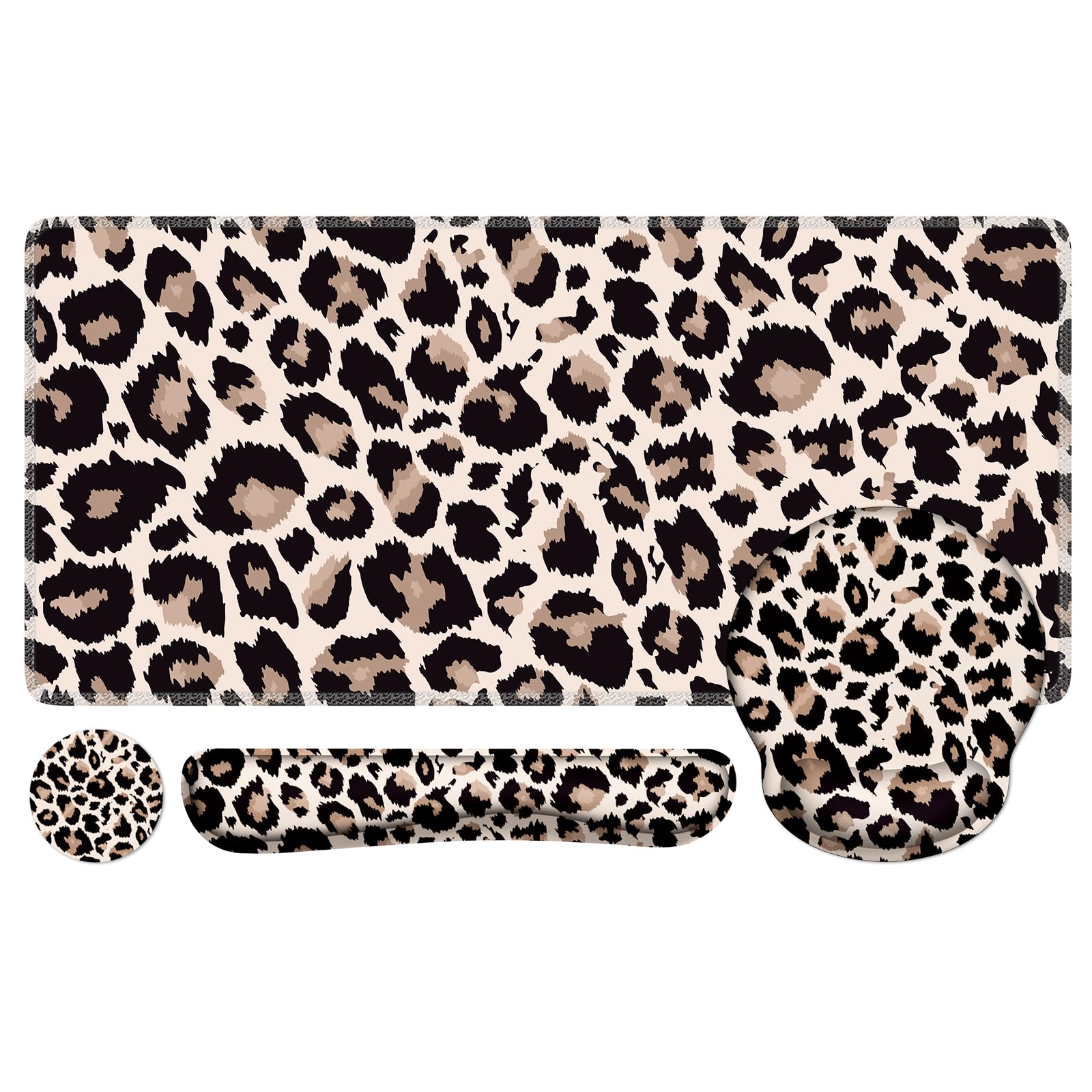 iLeadon 4-in-1 Leopard Mouse Pad Set - Desk Mat with Wrist Rest, Keyboard Wrist Rest & Coaster - Ergonomic Office Accessories for Home & Work (Classic Leopard Print) - Perfect for Gaming, Typing & Computer Workstations