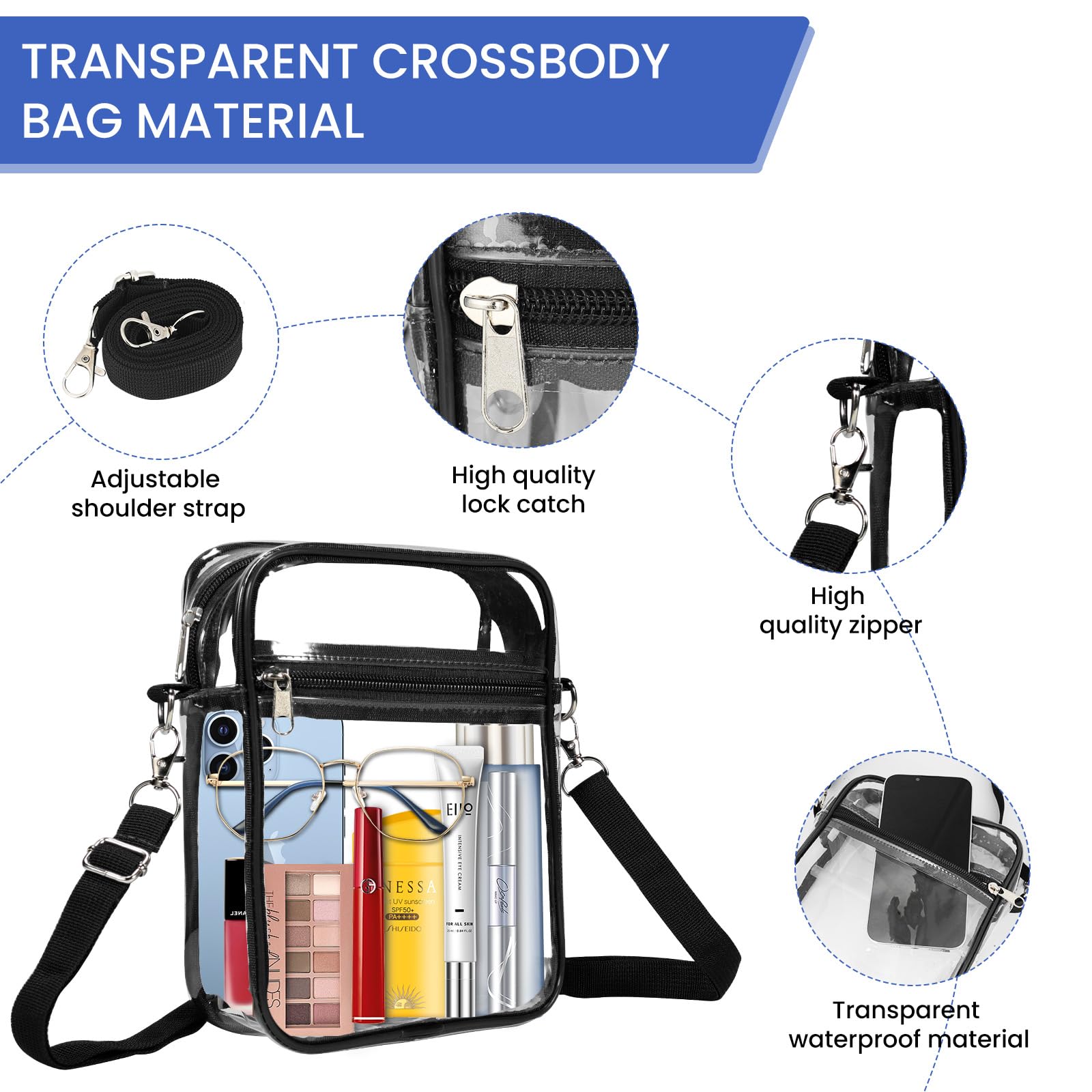 Clear Crossbody Purse for Women - Stadium Approved Small Shoulder Bag for Sports Events & Concerts - Unisex-Adults Sports Fans Essential Accessory - Perfect for Game Days, Music Festivals & Travel