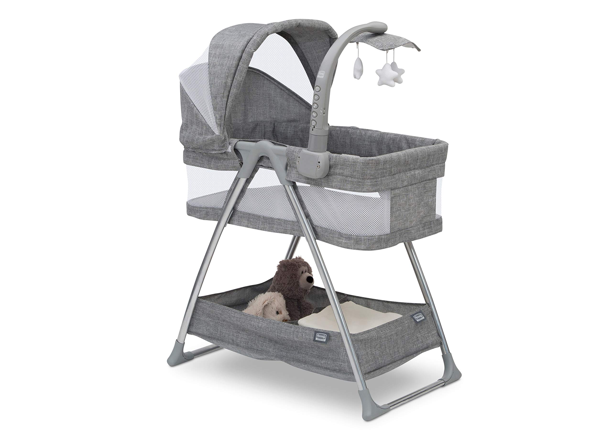Simmons Kids City Sleeper Portable Bassinet & Bedside Crib with Nightlight, Vibration, Rotating Stars & Activity Mobile - Grey Tweed | Perfect for Newborns & Nursery Room Decor