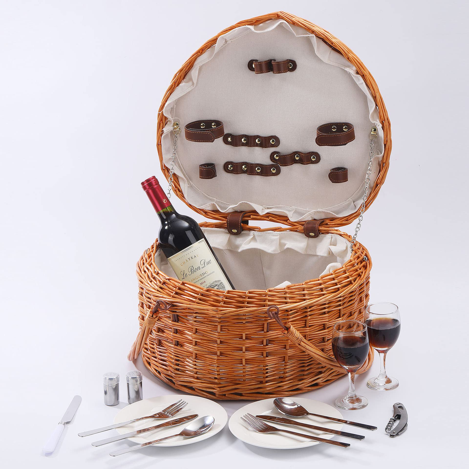 Heart-Shaped Picnic Basket for 2 - Vintage Woven Wicker Willow Wood Hamper with Lid & Handle - Romantic Outdoor Date, Beach Picnic, Wine Gift Basket for Women