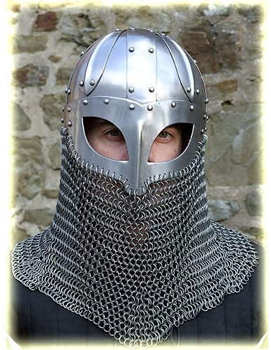 Viking Helmet Battle Armor - 18G Steel Chainmail Mask with Silver Finish | Rustic Norse Warrior Costume Accessory | Medieval Cosplay, Halloween Costume, Home Decor & Unique Gift Idea