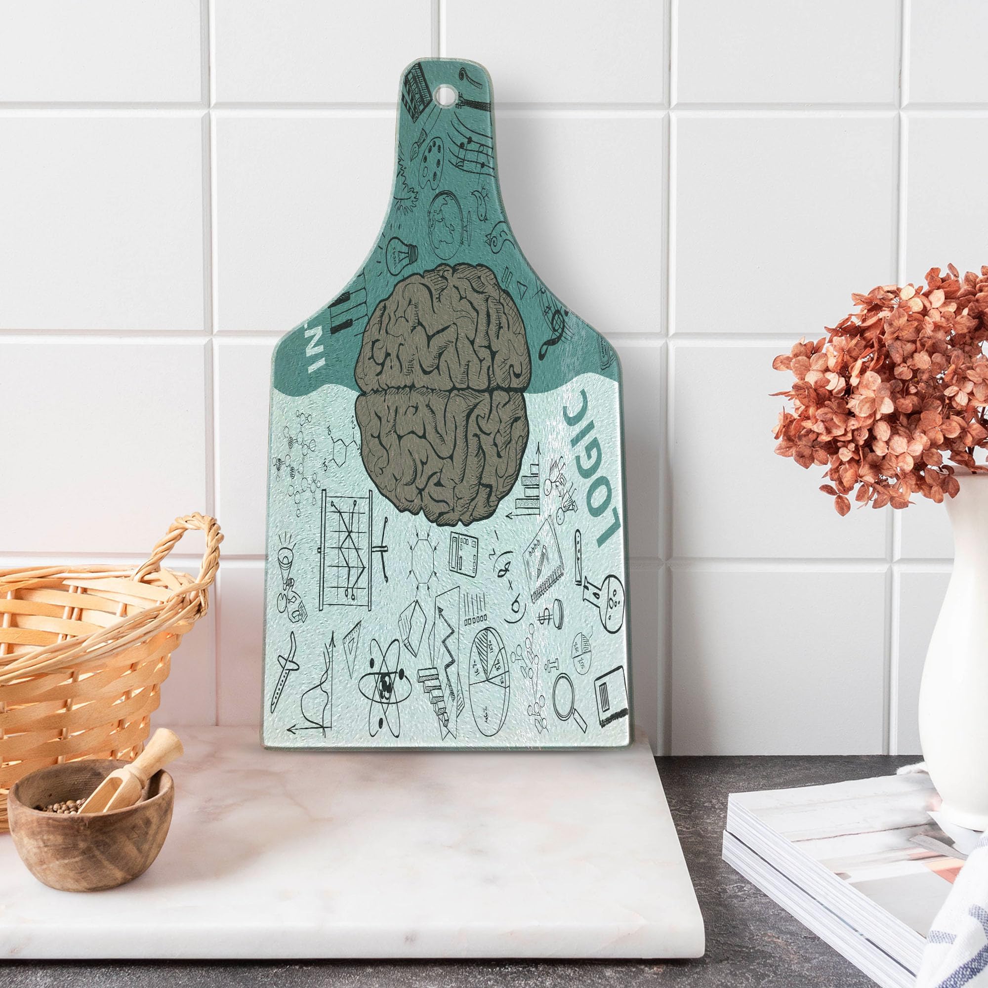 Ambesonne Modern Brain Image Cutting Board - Left & Right Side Music Logic Artwork, Tempered Glass Serving Board for Kitchen & Dining - Wine Bottle Shape in White, Teal & Umber - Perfect for Cheese, Charcuterie & Wine Pairing