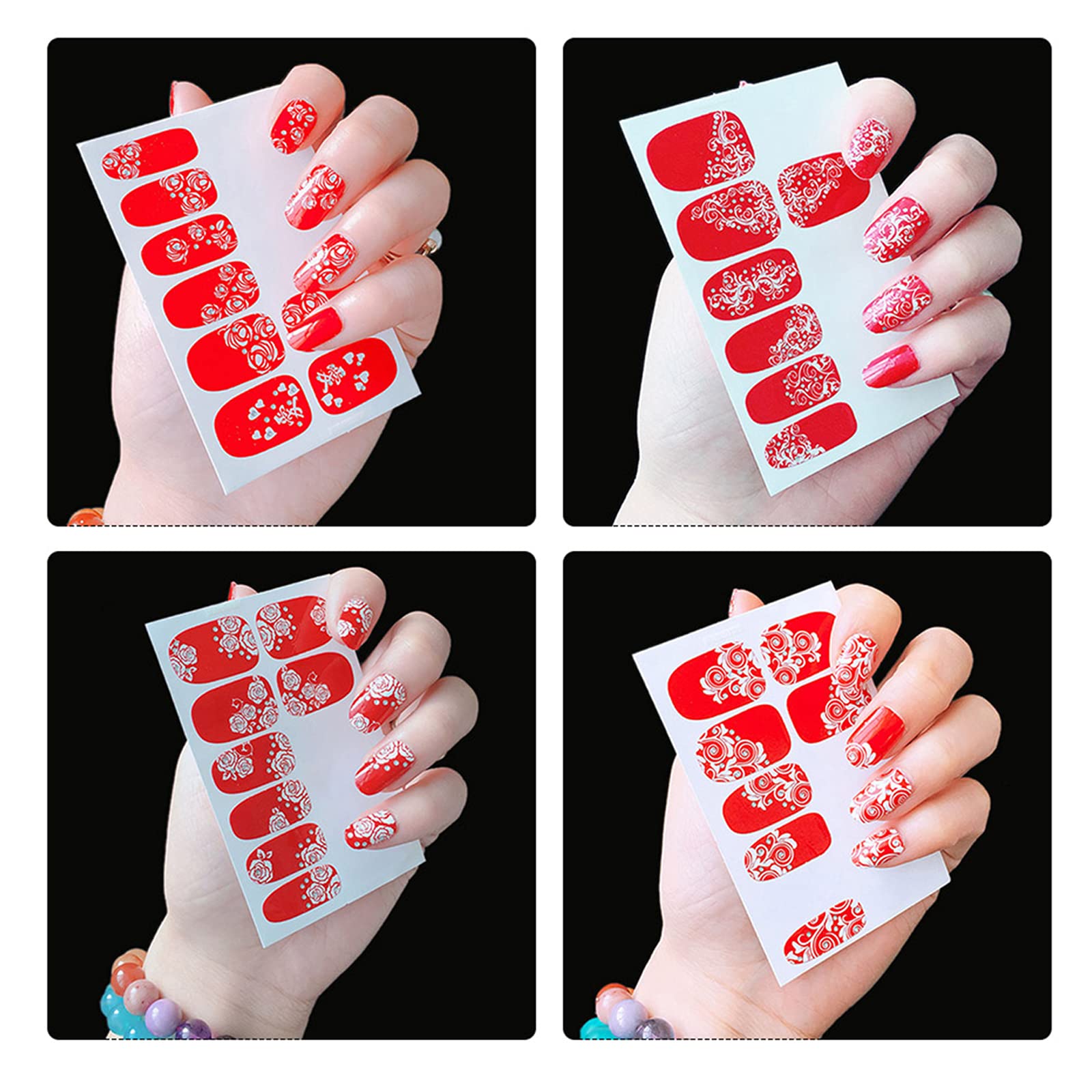 EXCLUZO 4pcs Full Nail Art Sticker Paper - Red Flowers Pattern Nail Stickers, DIY Manicure Decals for Nail Art Decoration | Perfect for Parties, Weddings, and Special Occasions