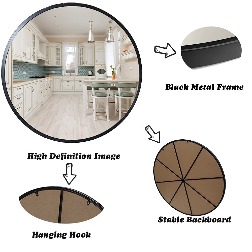 42 Inch Large Round Wall Mirror with Black Metal Frame - Modern Circular Mirror for Bathroom, Entryway, Kitchen & Living Room Decor - Perfect for Vanity, Hallway & Home Decoration