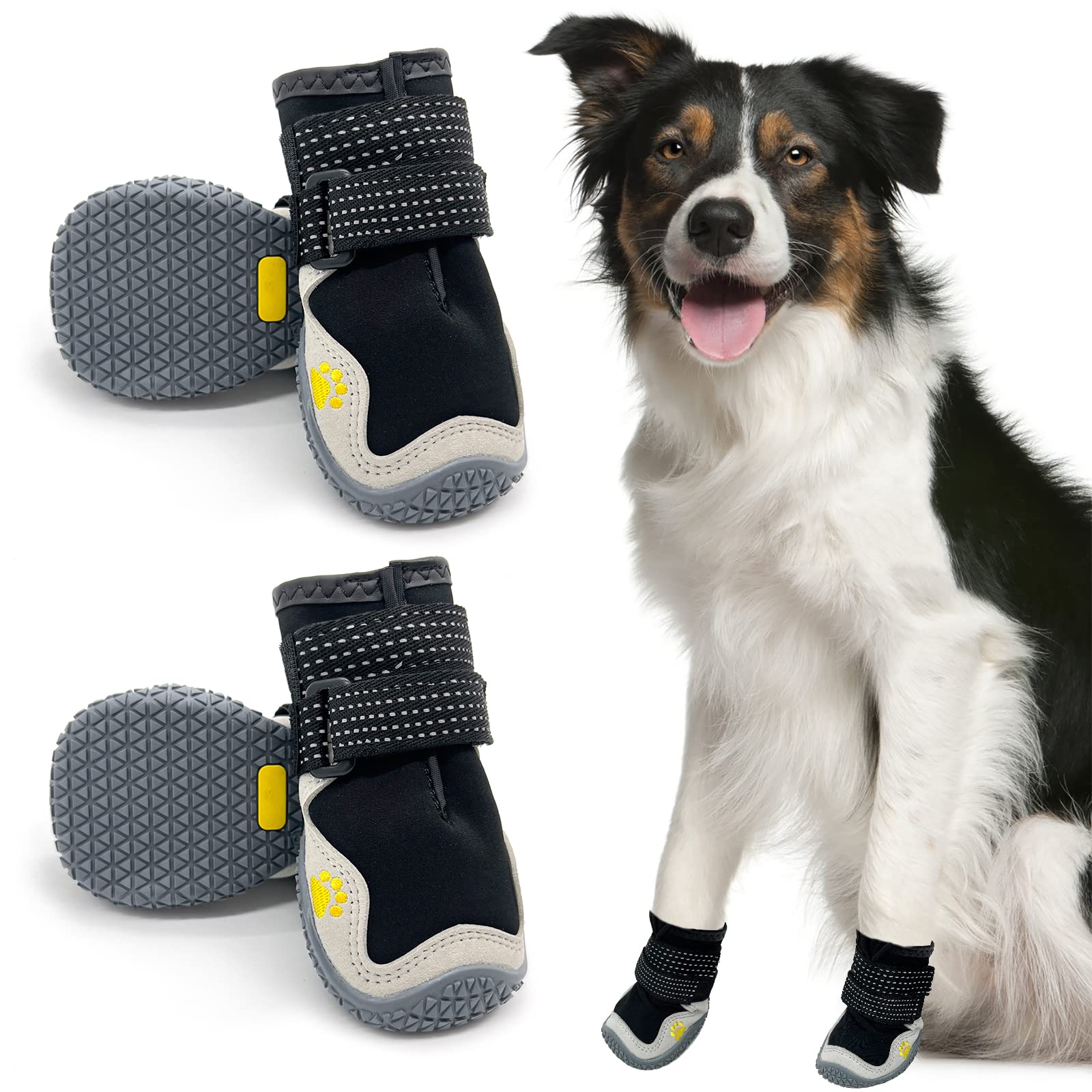**Anti-Slip Waterproof Dog Boots for Small to Large Dogs - Reflective & Breathable Paw Protectors for Snow, Hot Pavement & Outdoor Adventures (4Pcs)**    *(Use Cases: Perfect for winter snow, summer hot pavement, hiking, and daily walks to protect your dog's paws!)*