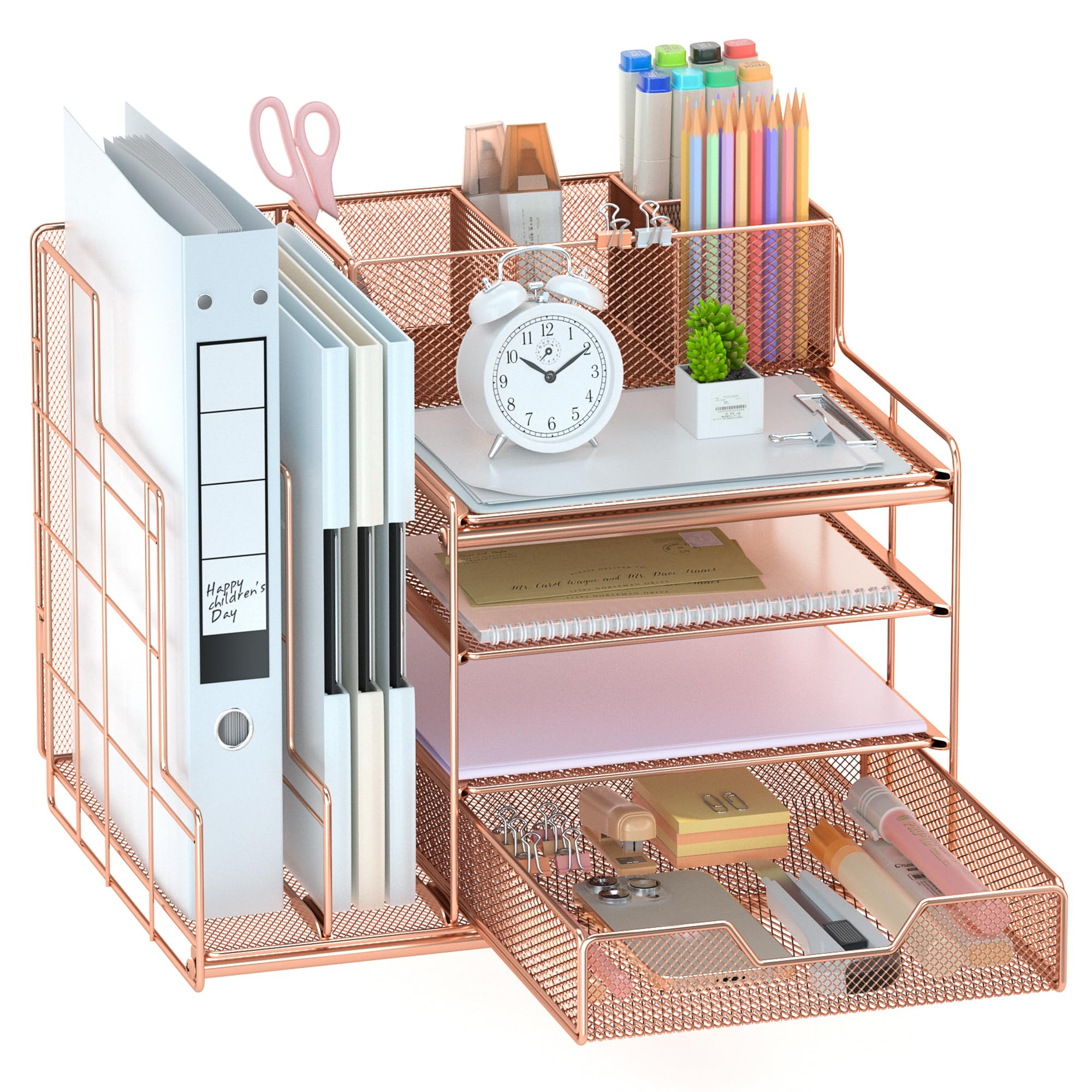 VIVSOL Rose Gold Desk Organizer with Drawer & Vertical File Sorters - Stylish Office Desk Accessories for Women - Perfect for Office, School & Home Organization - Enhance Workspace Efficiency & Declutter Your Desk