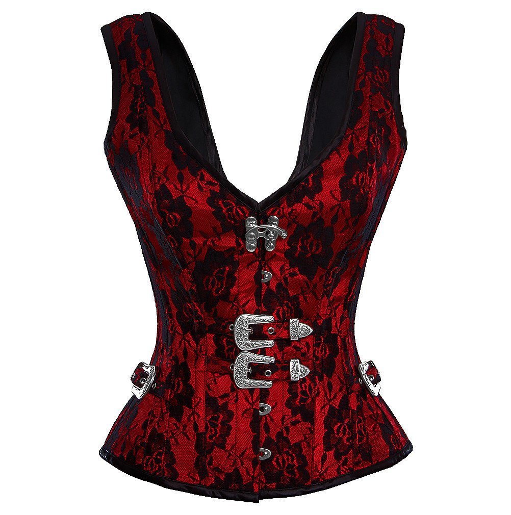 Red Satin Christmas Corset with Net Overlay & Shoulder Straps - Sexy Burlesque Overbust Bustier for Holiday Parties & Lingerie Fashion