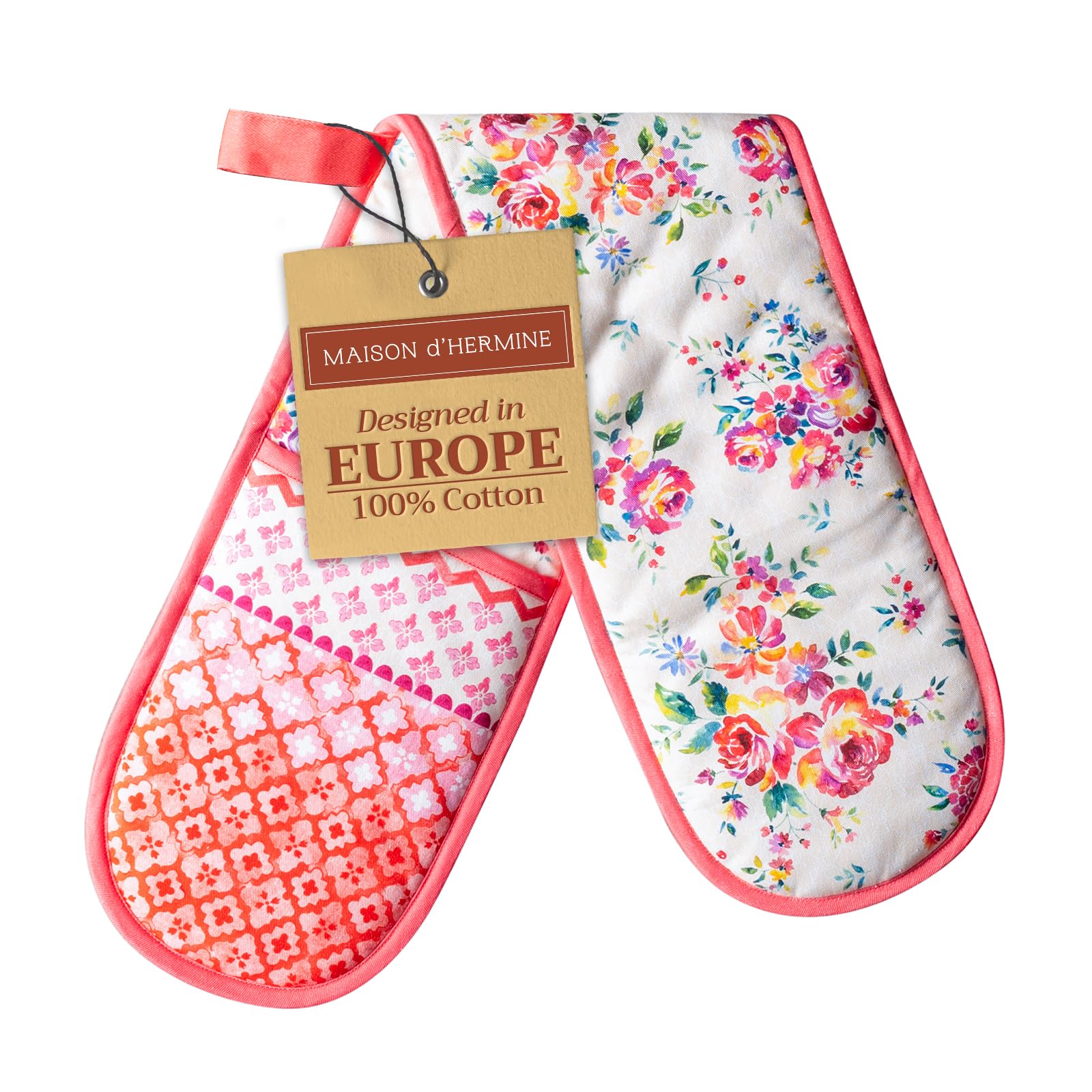 Maison d'Hermine Rose Garden 100% Cotton Double Oven Mitts with Loop - Heat Resistant BBQ Gloves for Cooking, Baking, Grilling & Microwave Use - Spring/Summer Kitchen Accessories (7.5x35 Inch) - Perfect for Holiday Meals, Outdoor Barbecues & Home Baking