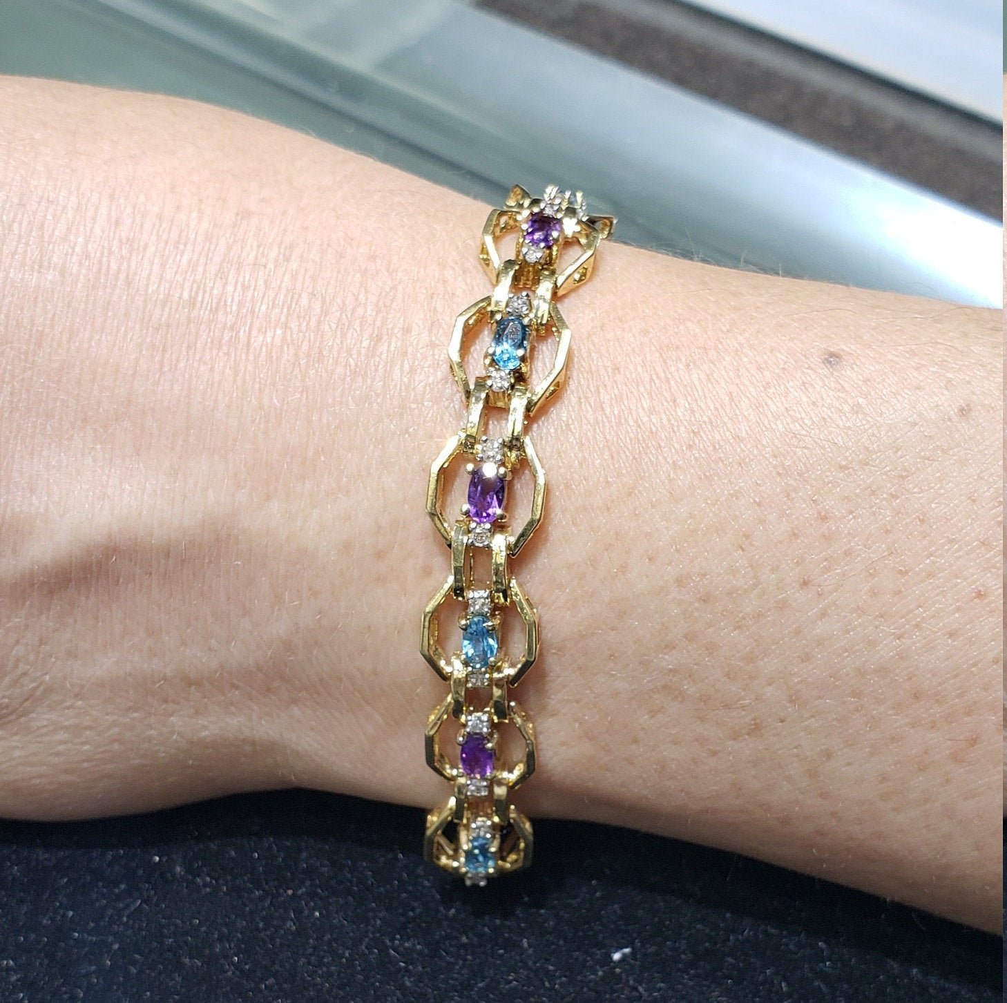 Exquisite Diamond, Amethyst & Blue Topaz Tennis Bracelet for Women | Elegant 14K Gold Jewelry Gift for Anniversary, Birthday & Special Occasions | Perfect for Parties, Weddings & Formal Events
