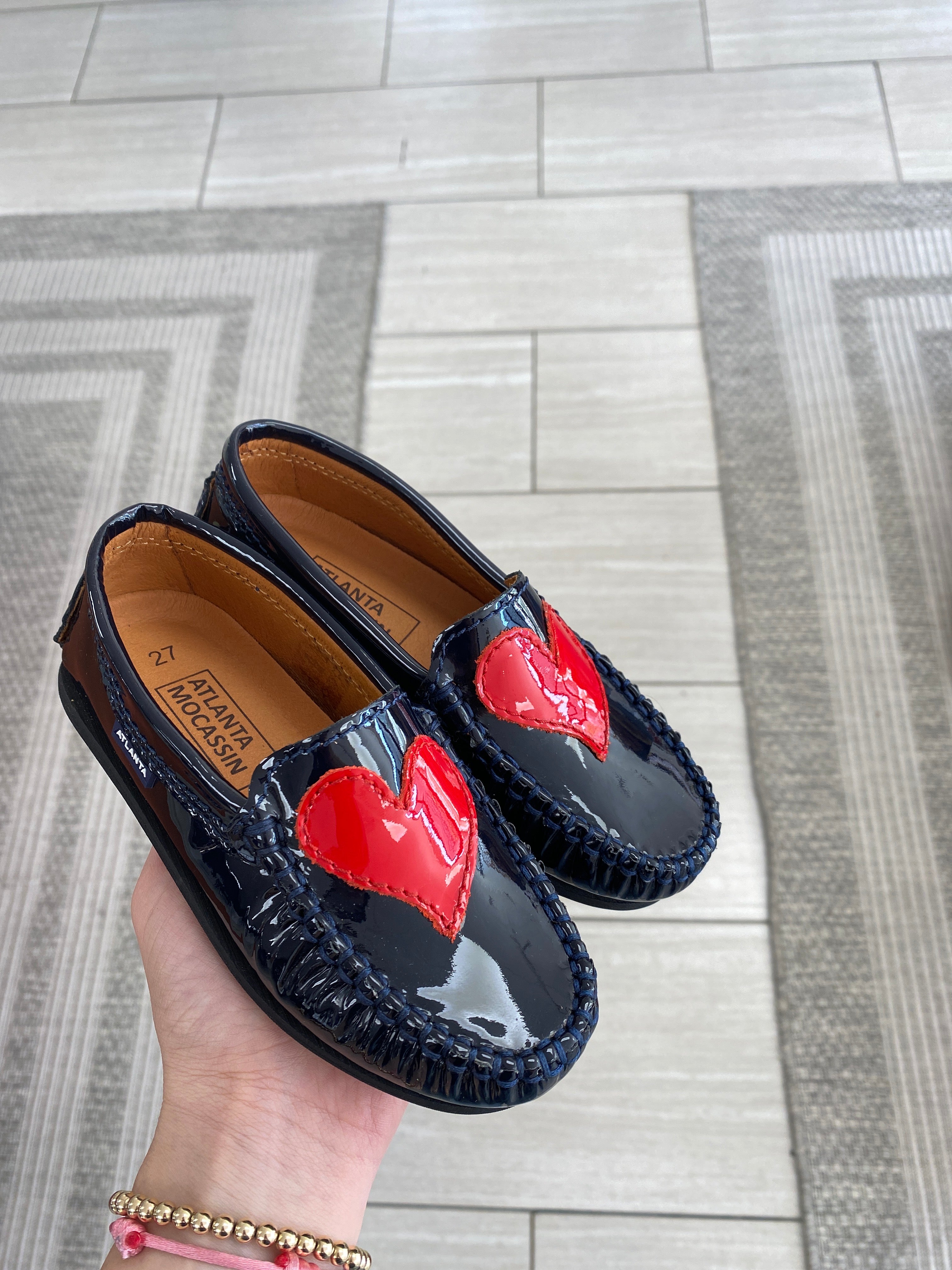 Atlanta Moccasin Loafers for Women - Navy & Red Patent Leather Heart Design - Comfortable Slip-On Shoes for Work, Casual & Dressy Occasions
